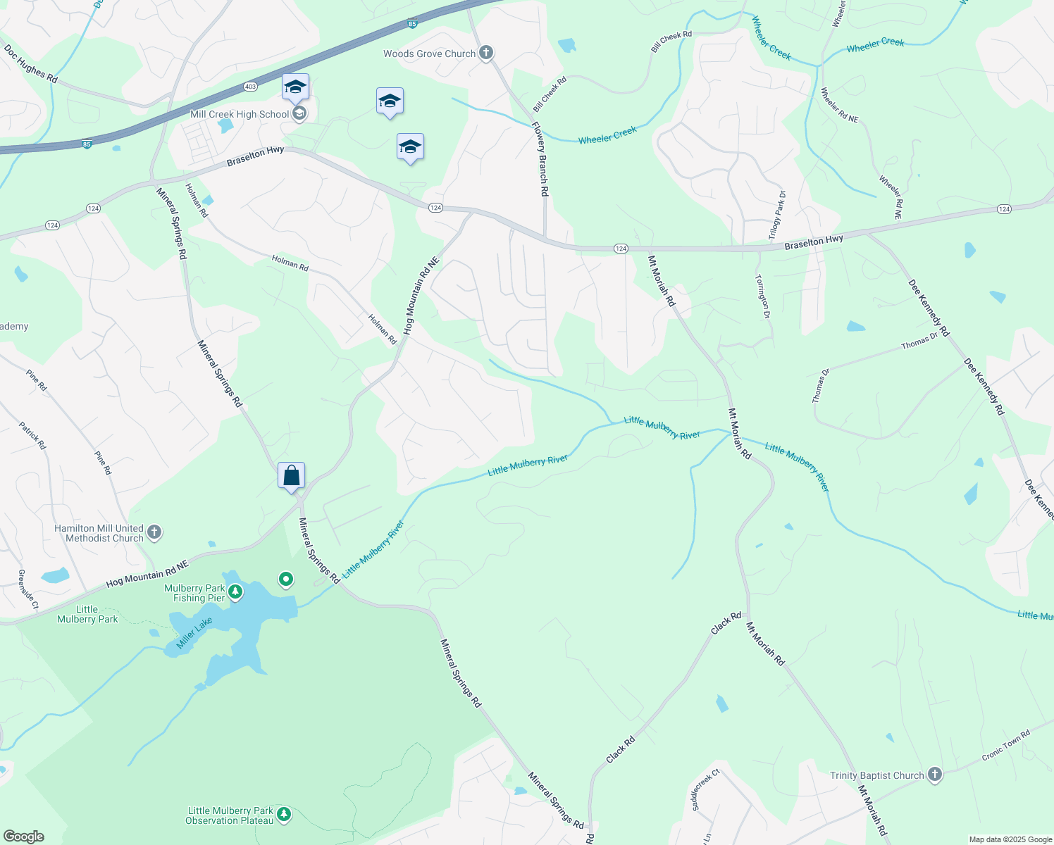map of restaurants, bars, coffee shops, grocery stores, and more near 1345 Smoke Hill Drive Northeast in Hoschton