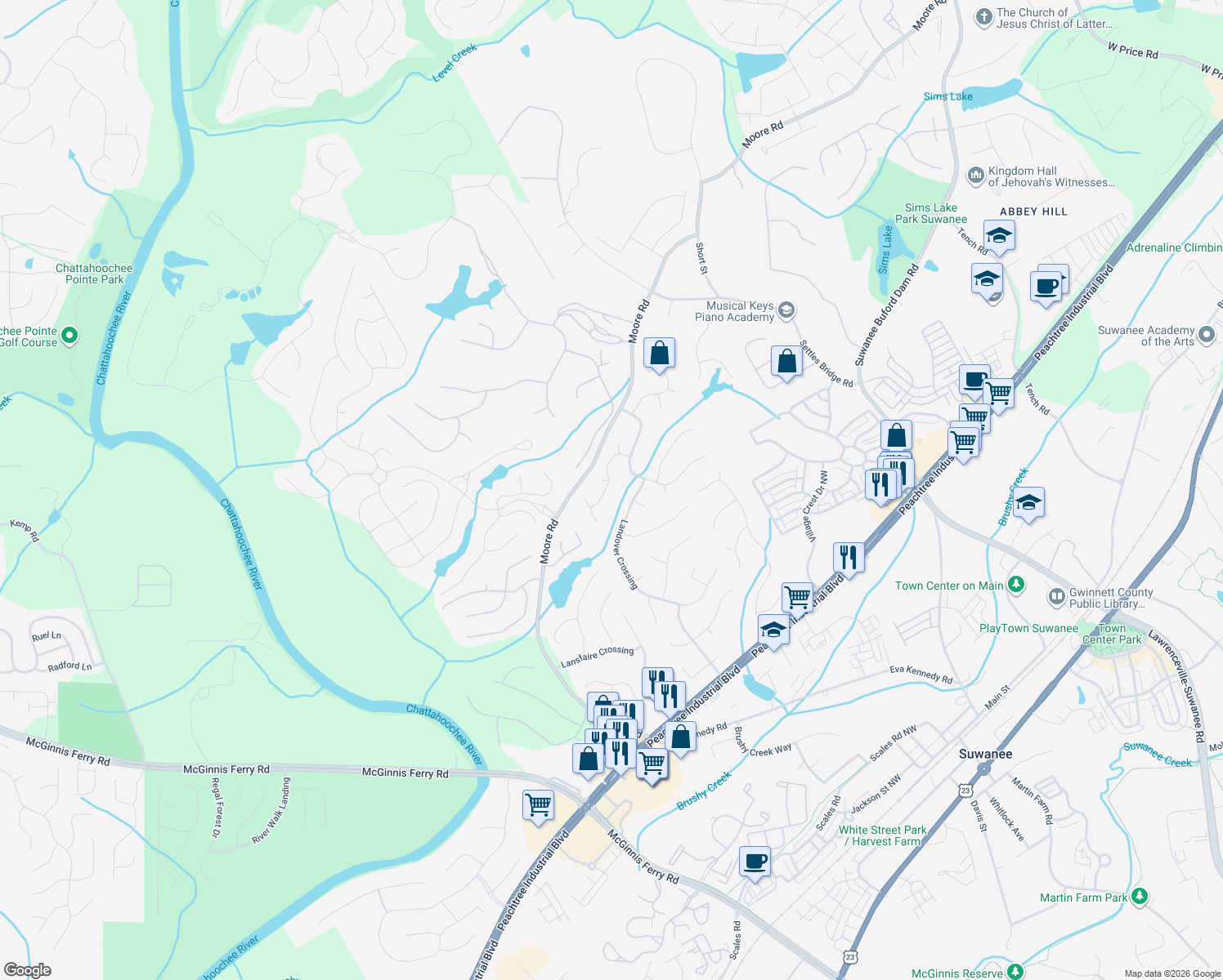 map of restaurants, bars, coffee shops, grocery stores, and more near 868 Treadstone Overlook in Suwanee