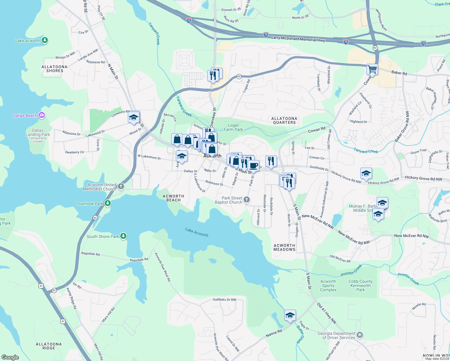 map of restaurants, bars, coffee shops, grocery stores, and more near 4454 Winn Street in Acworth