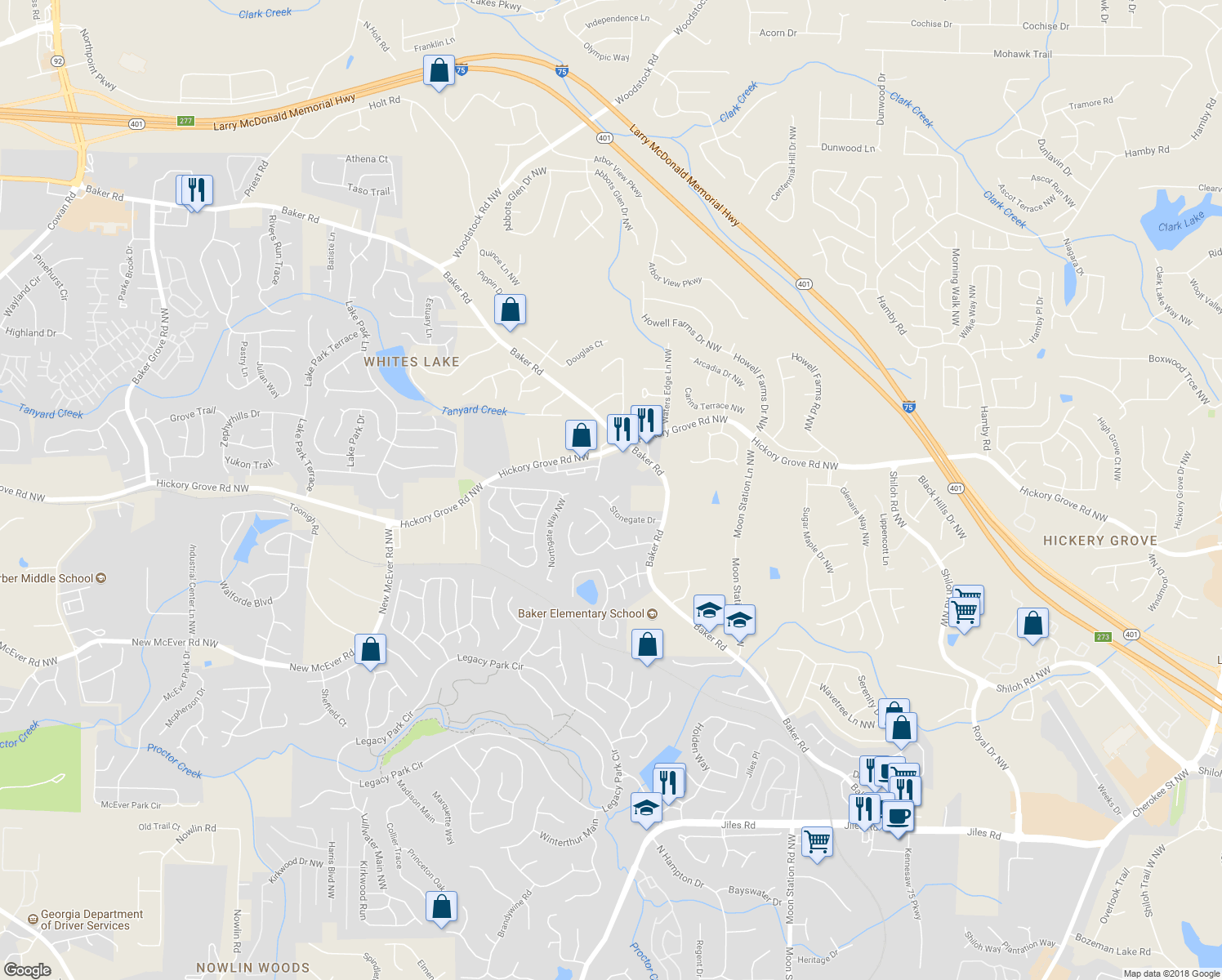 map of restaurants, bars, coffee shops, grocery stores, and more near 4517 Stonegate Court in Acworth