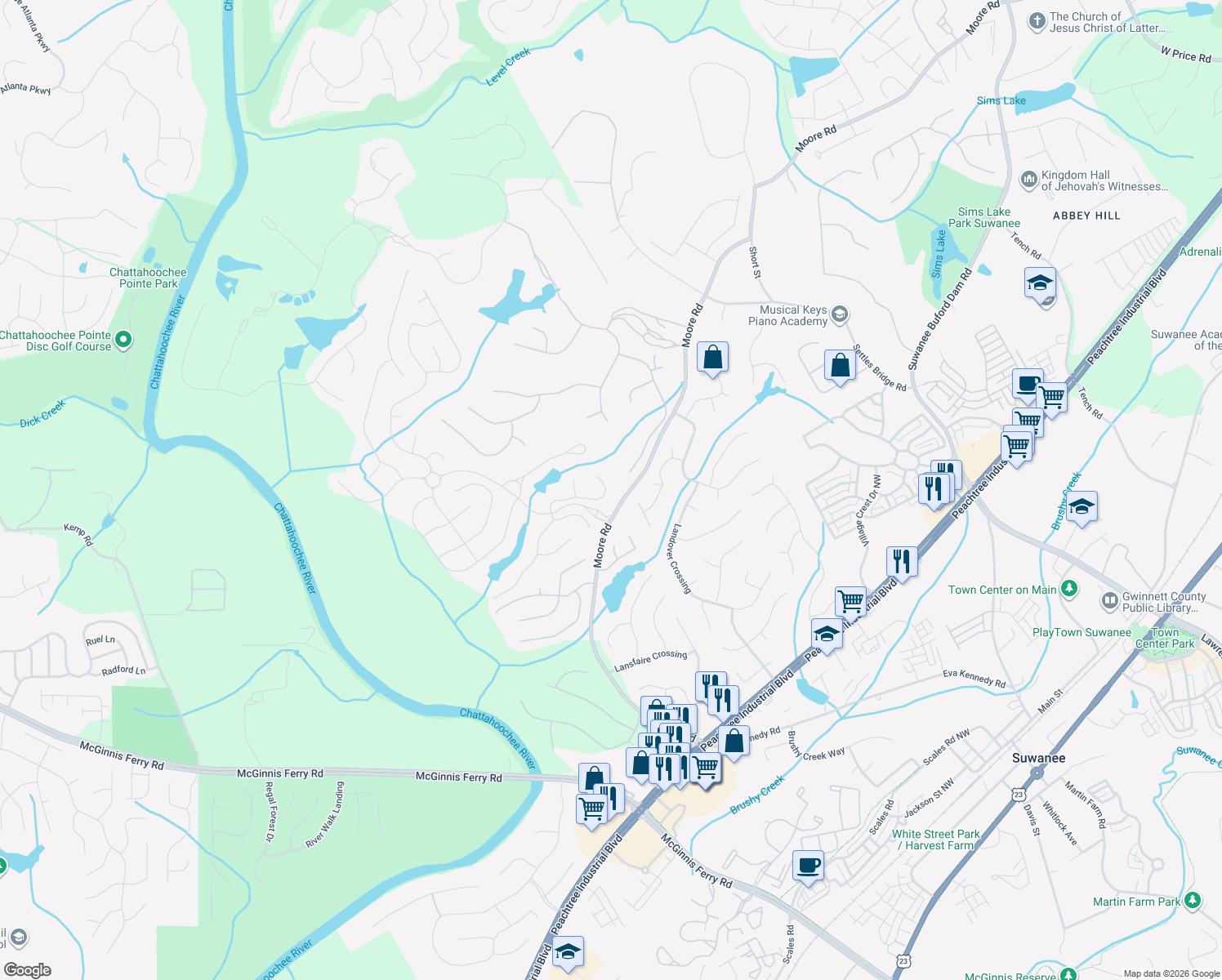 map of restaurants, bars, coffee shops, grocery stores, and more near 800 Allen Lake Lane in Suwanee