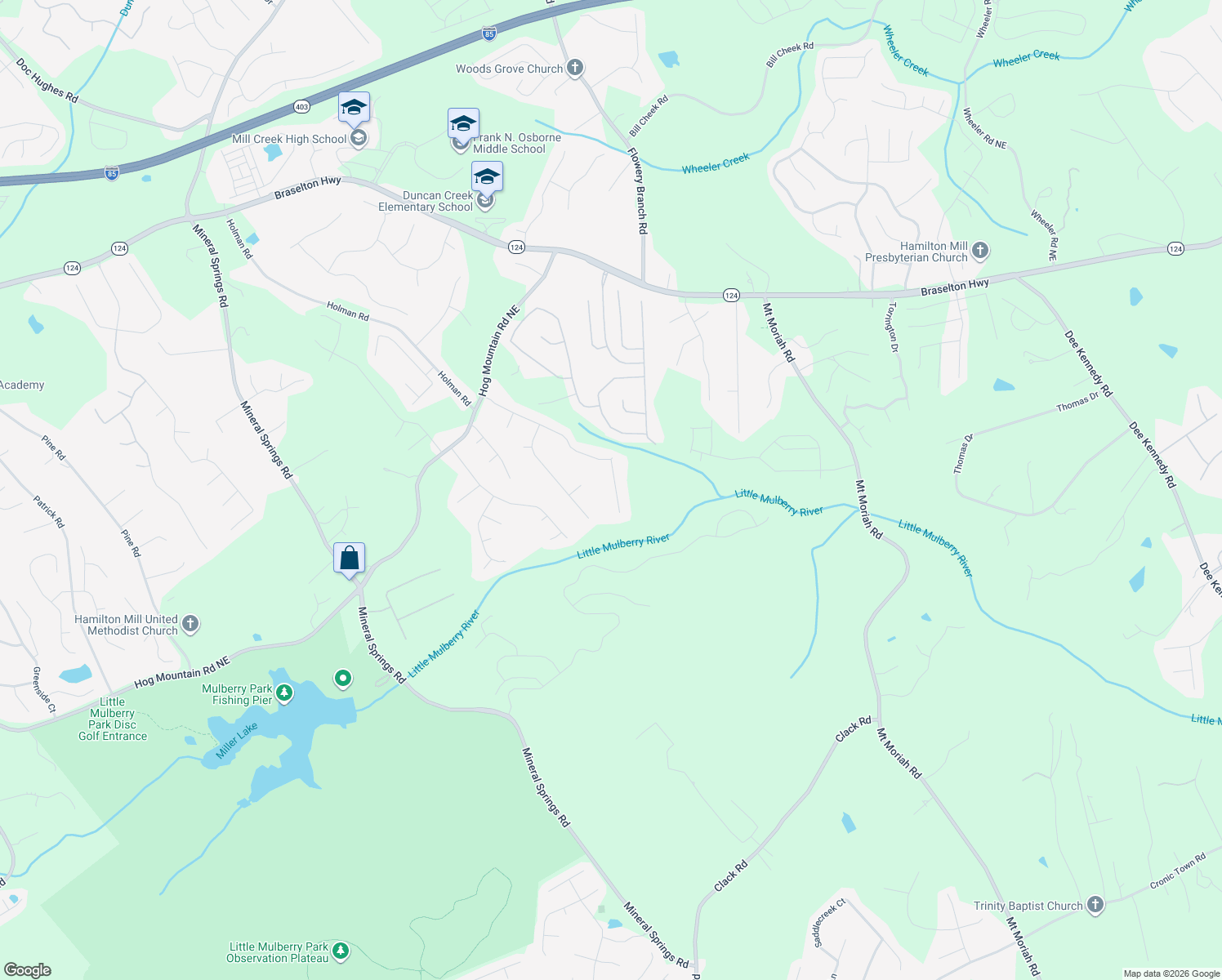 map of restaurants, bars, coffee shops, grocery stores, and more near 1360 Smoke Hill Drive Northeast in Hoschton
