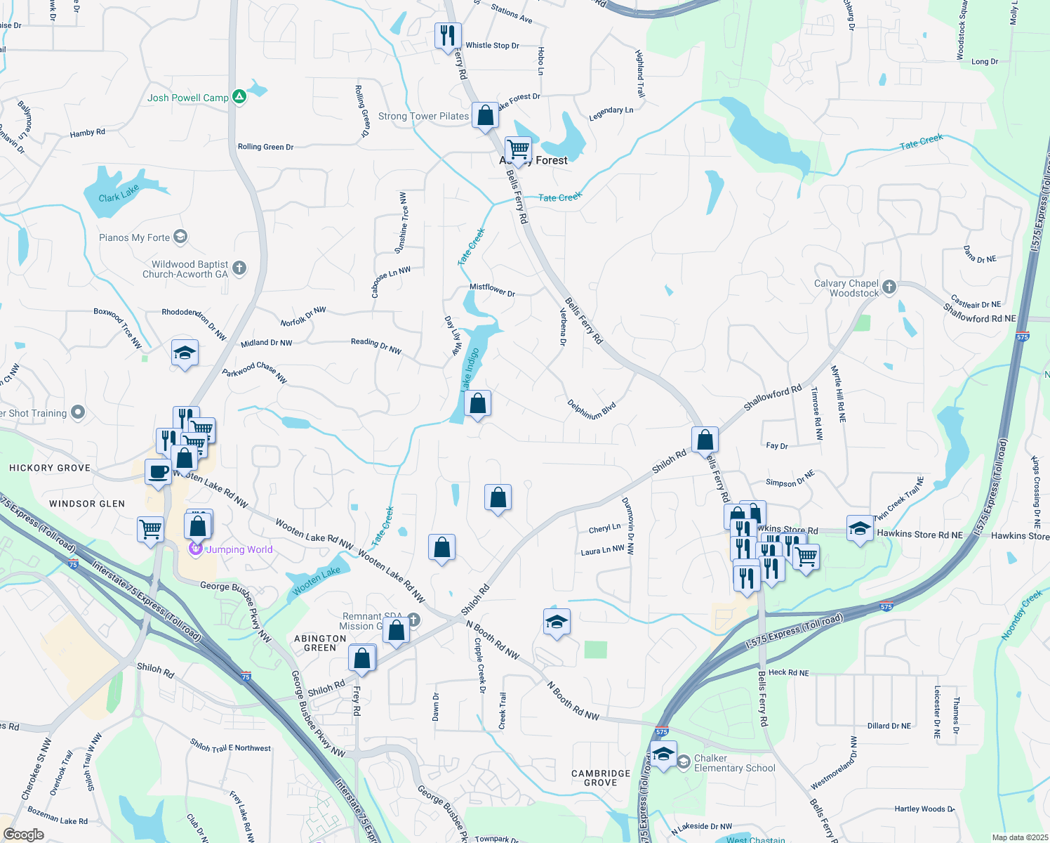 map of restaurants, bars, coffee shops, grocery stores, and more near 4532 Hosta Court Northwest in Acworth