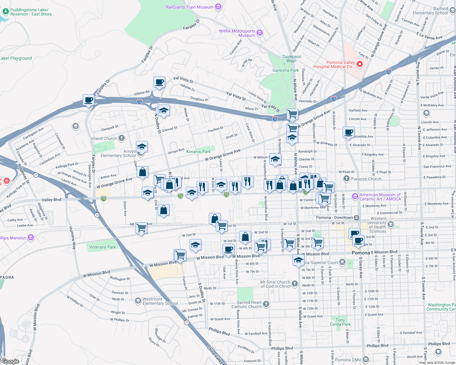 map of restaurants, bars, coffee shops, grocery stores, and more near 639 North Currier Street in Pomona