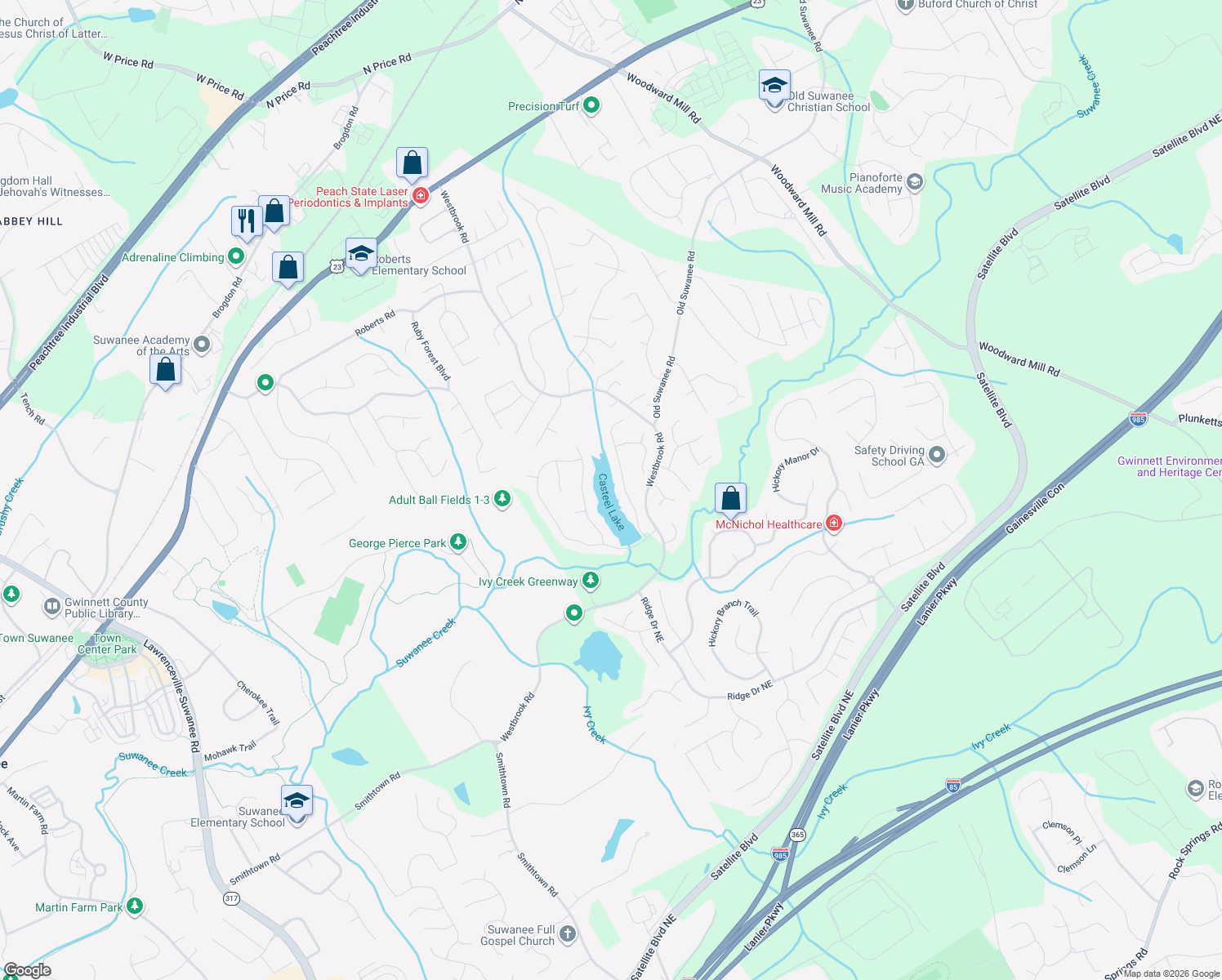 map of restaurants, bars, coffee shops, grocery stores, and more near 3672 Lake Edge Dr in Suwanee