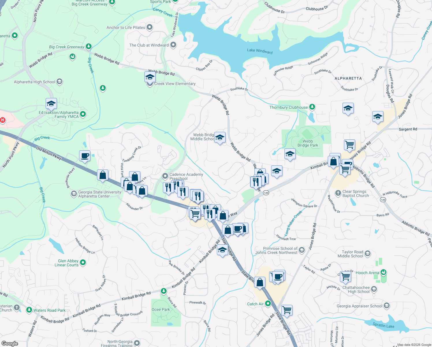 map of restaurants, bars, coffee shops, grocery stores, and more near 1405 Tamarack Way in Alpharetta