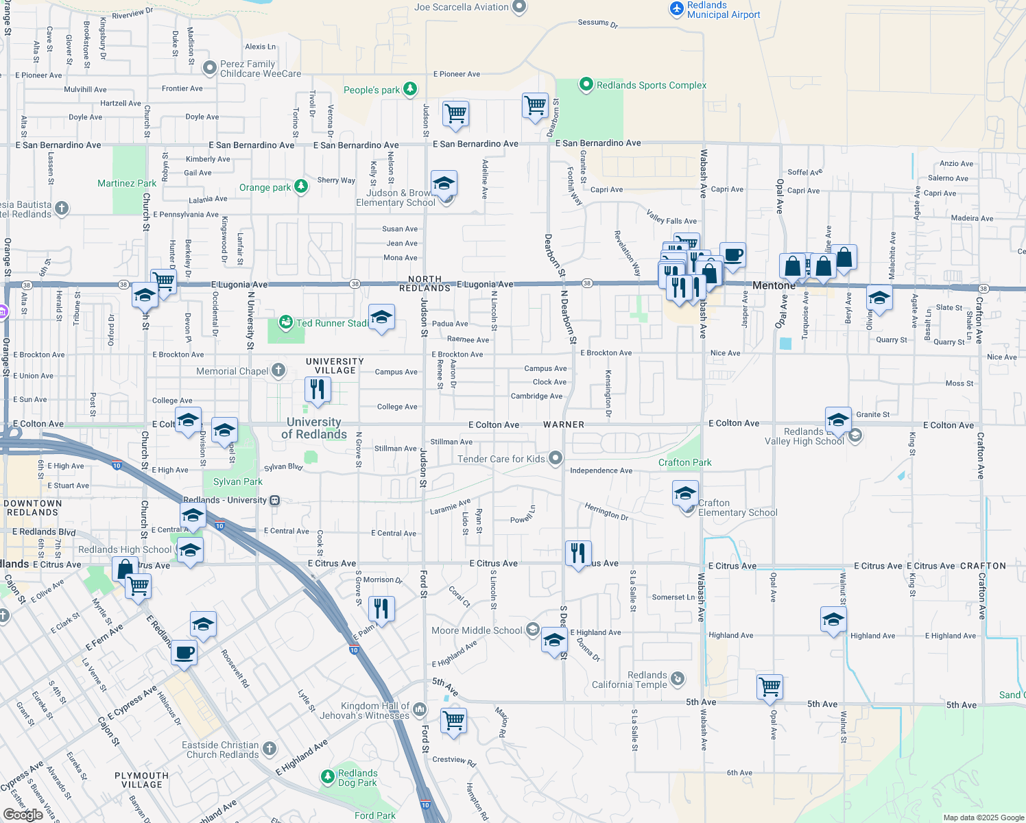 map of restaurants, bars, coffee shops, grocery stores, and more near 870 Falcon Lane in Redlands