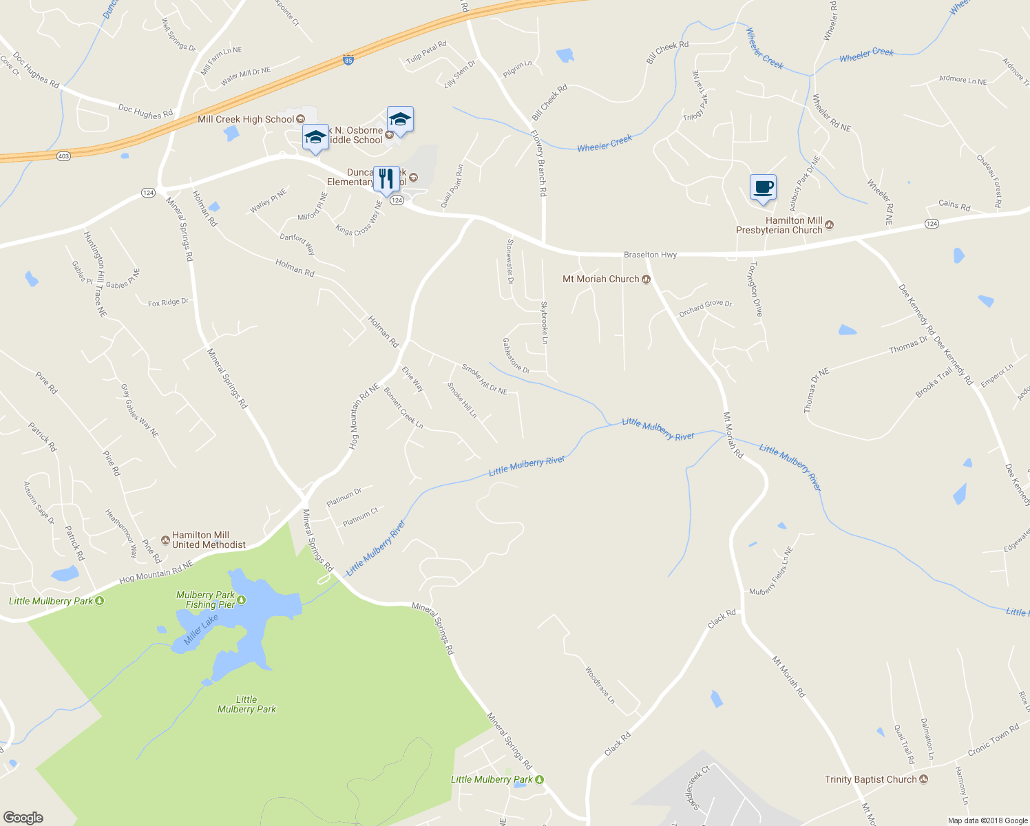 map of restaurants, bars, coffee shops, grocery stores, and more near 1370 Smoke Hill Drive Northeast in Hoschton