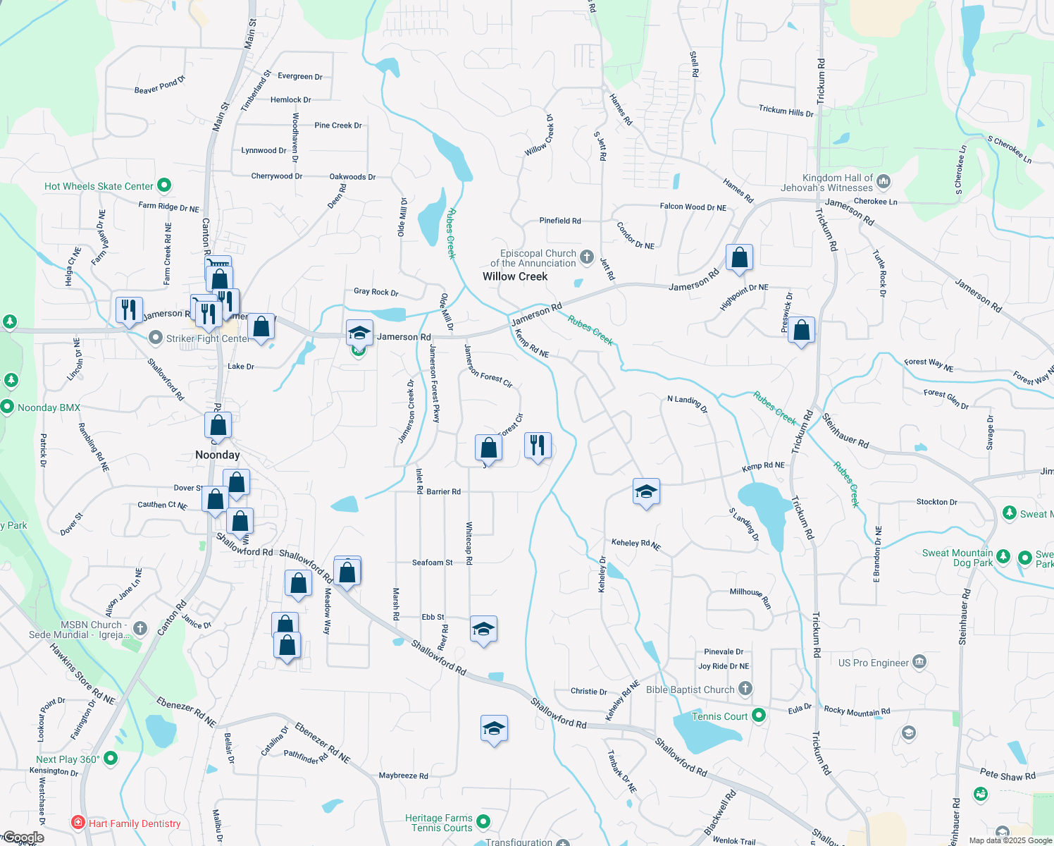map of restaurants, bars, coffee shops, grocery stores, and more near 4762 Jamerson Forest Circle in Marietta