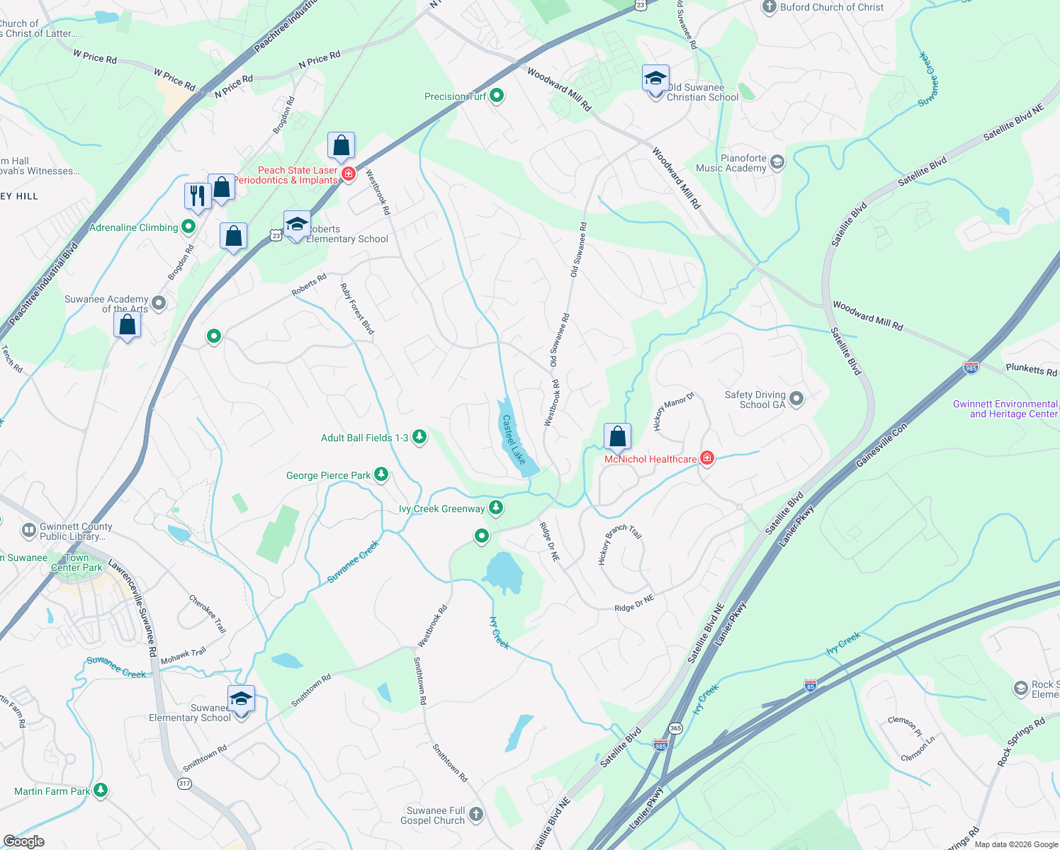 map of restaurants, bars, coffee shops, grocery stores, and more near 3673 Lake Edge Drive in Suwanee
