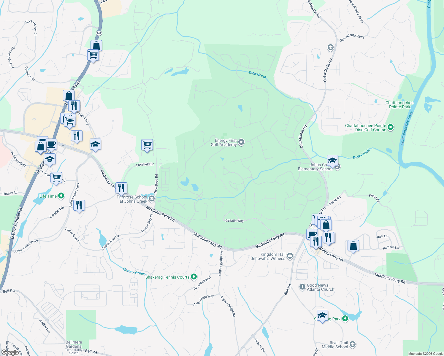 map of restaurants, bars, coffee shops, grocery stores, and more near 8355 Royal Melbourne Way in Duluth