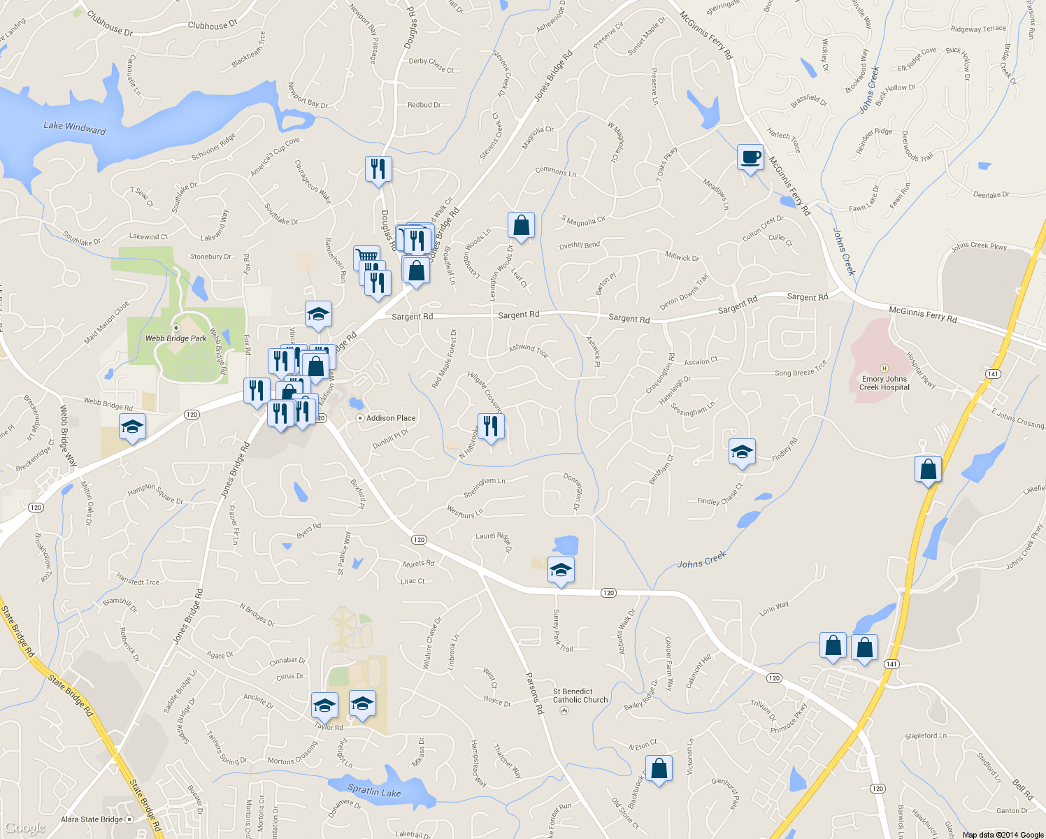 map of restaurants, bars, coffee shops, grocery stores, and more near 230 Bristol Stone Lane in Johns Creek