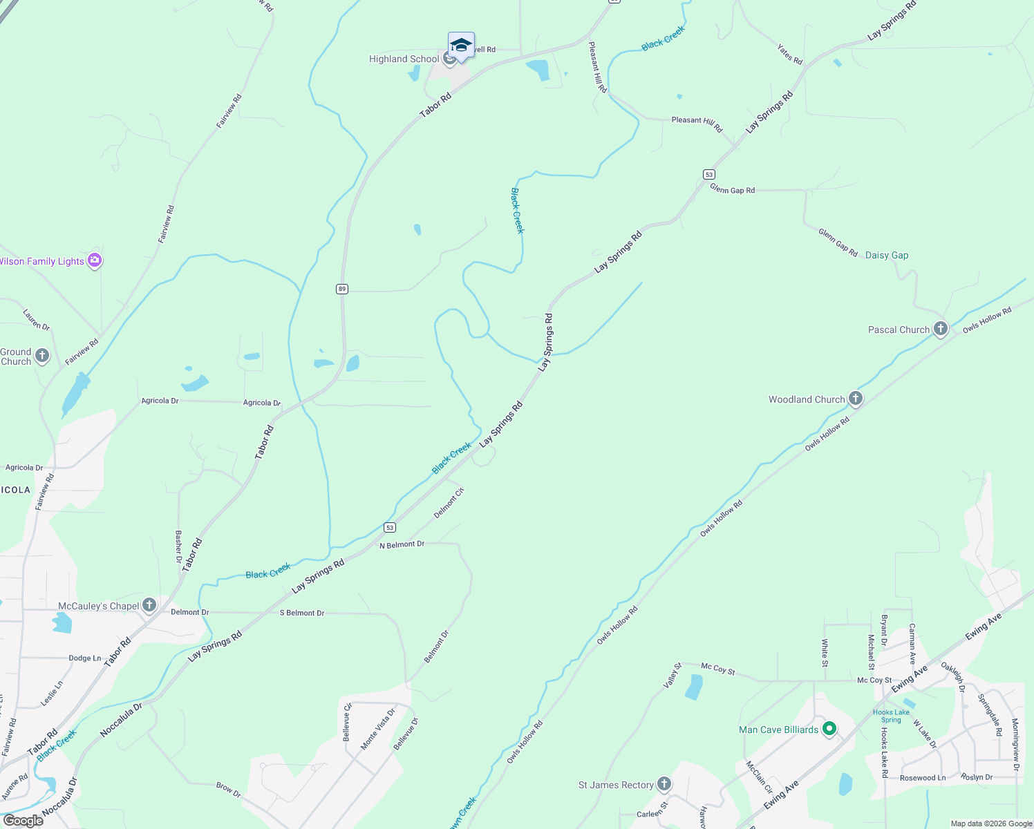 map of restaurants, bars, coffee shops, grocery stores, and more near 2533 Lay Springs Road in Gadsden