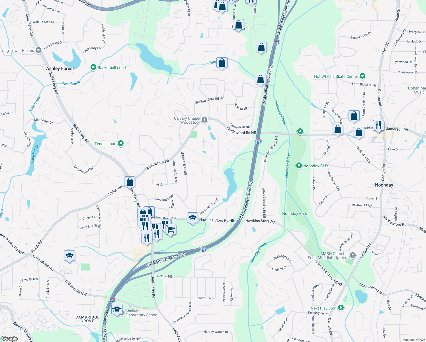 map of restaurants, bars, coffee shops, grocery stores, and more near 4588 Latimer Pointe NE in Kennesaw