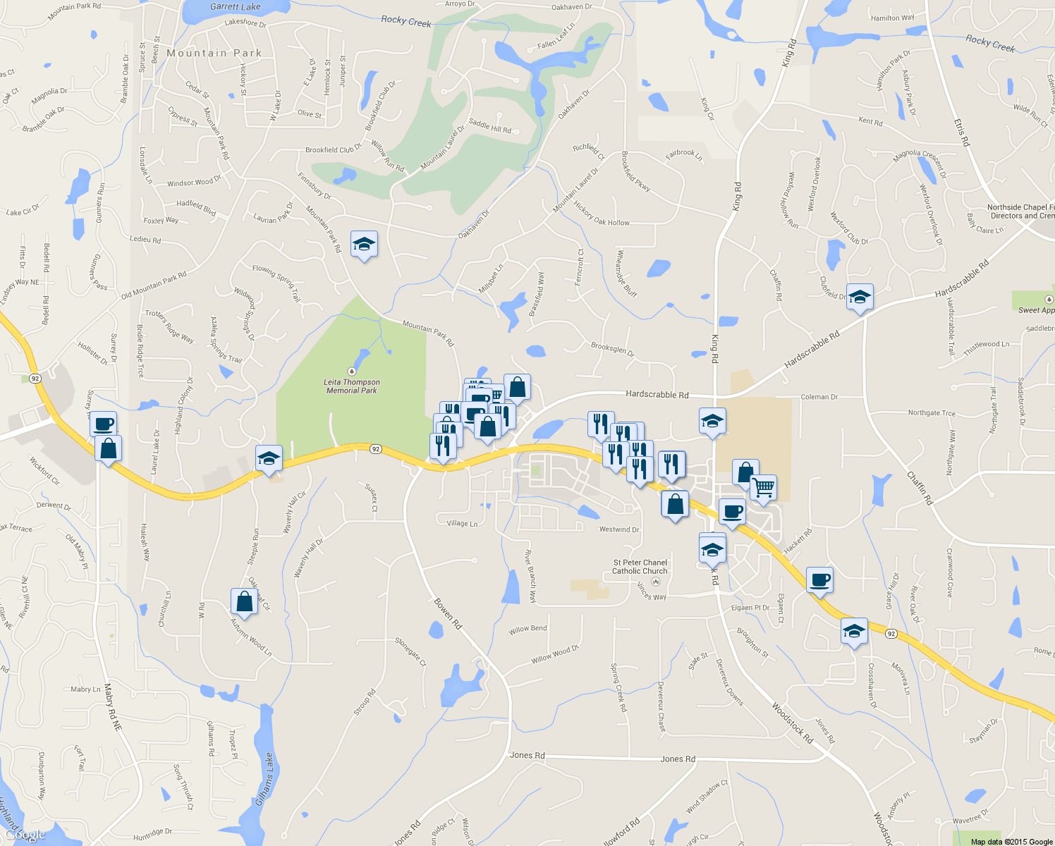 map of restaurants, bars, coffee shops, grocery stores, and more near 210 Hardscrabble Road in Roswell