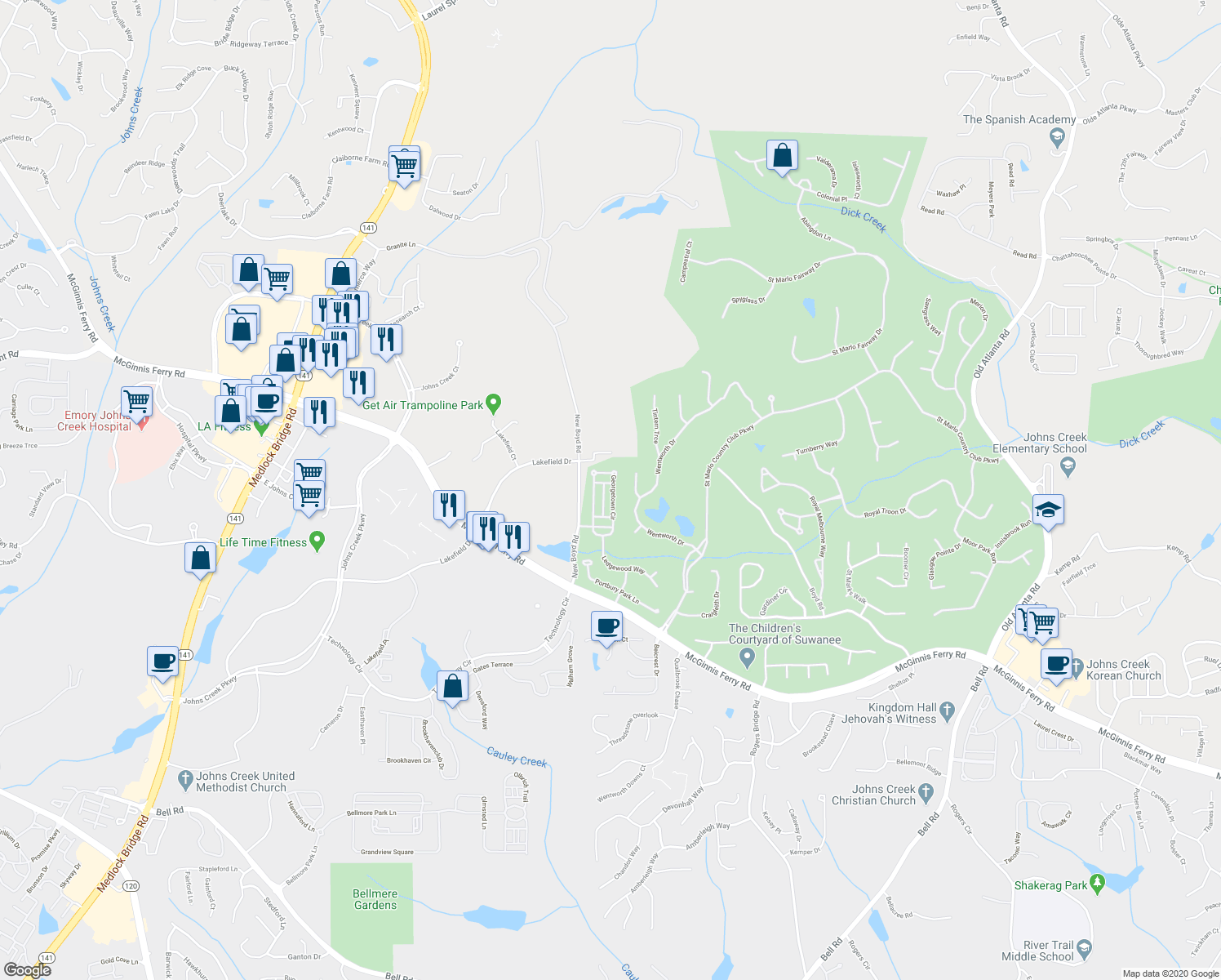map of restaurants, bars, coffee shops, grocery stores, and more near 7885 Georgetown Circle in Suwanee