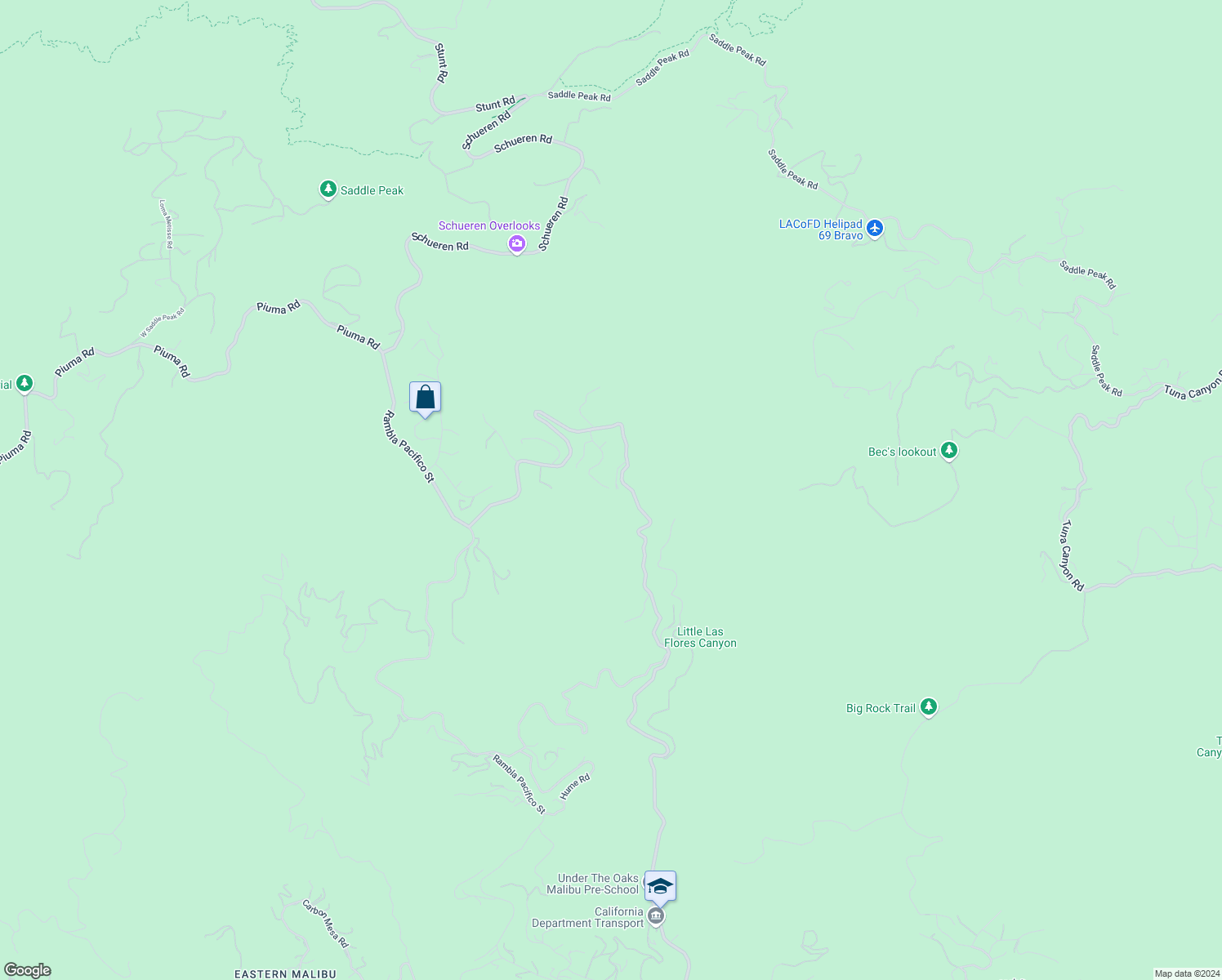 map of restaurants, bars, coffee shops, grocery stores, and more near 2382 Live Oak Meadows Road in Malibu