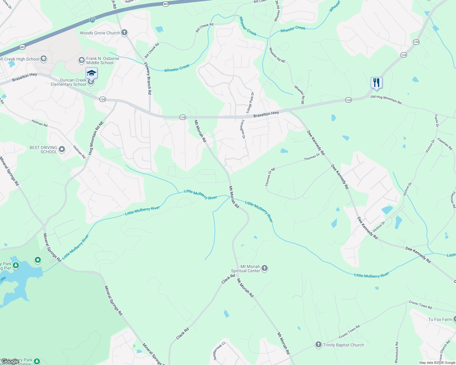 map of restaurants, bars, coffee shops, grocery stores, and more near 1123-1225 Mount Moriah Road in Hoschton