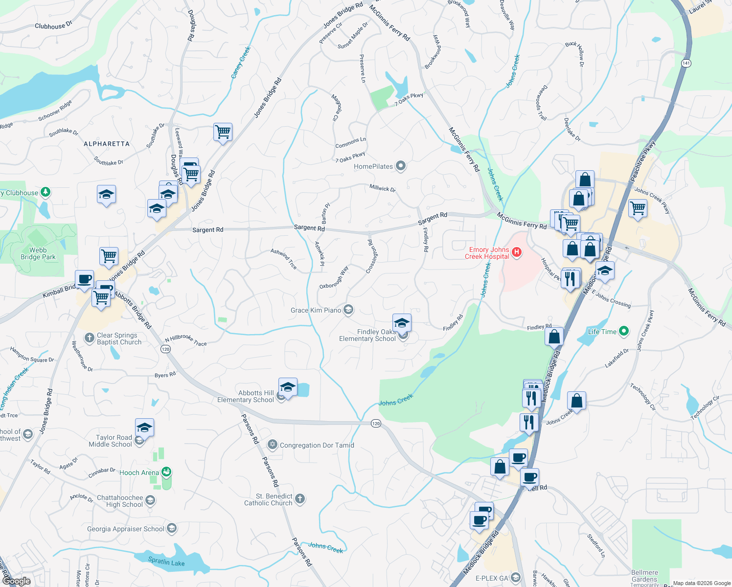map of restaurants, bars, coffee shops, grocery stores, and more near 5815 Haterleigh Dr in Alpharetta