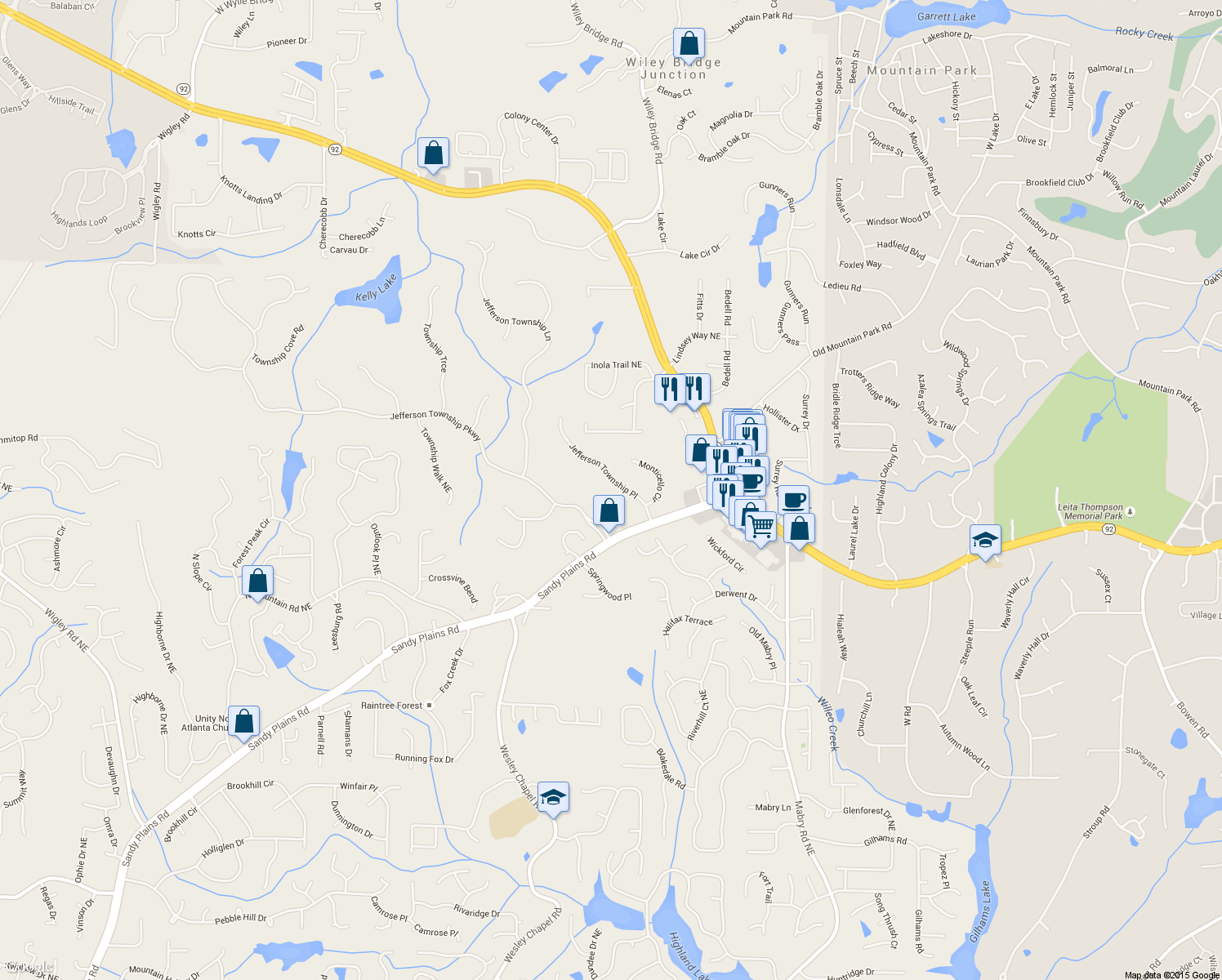 map of restaurants, bars, coffee shops, grocery stores, and more near 4657 Jefferson Township Place in Marietta