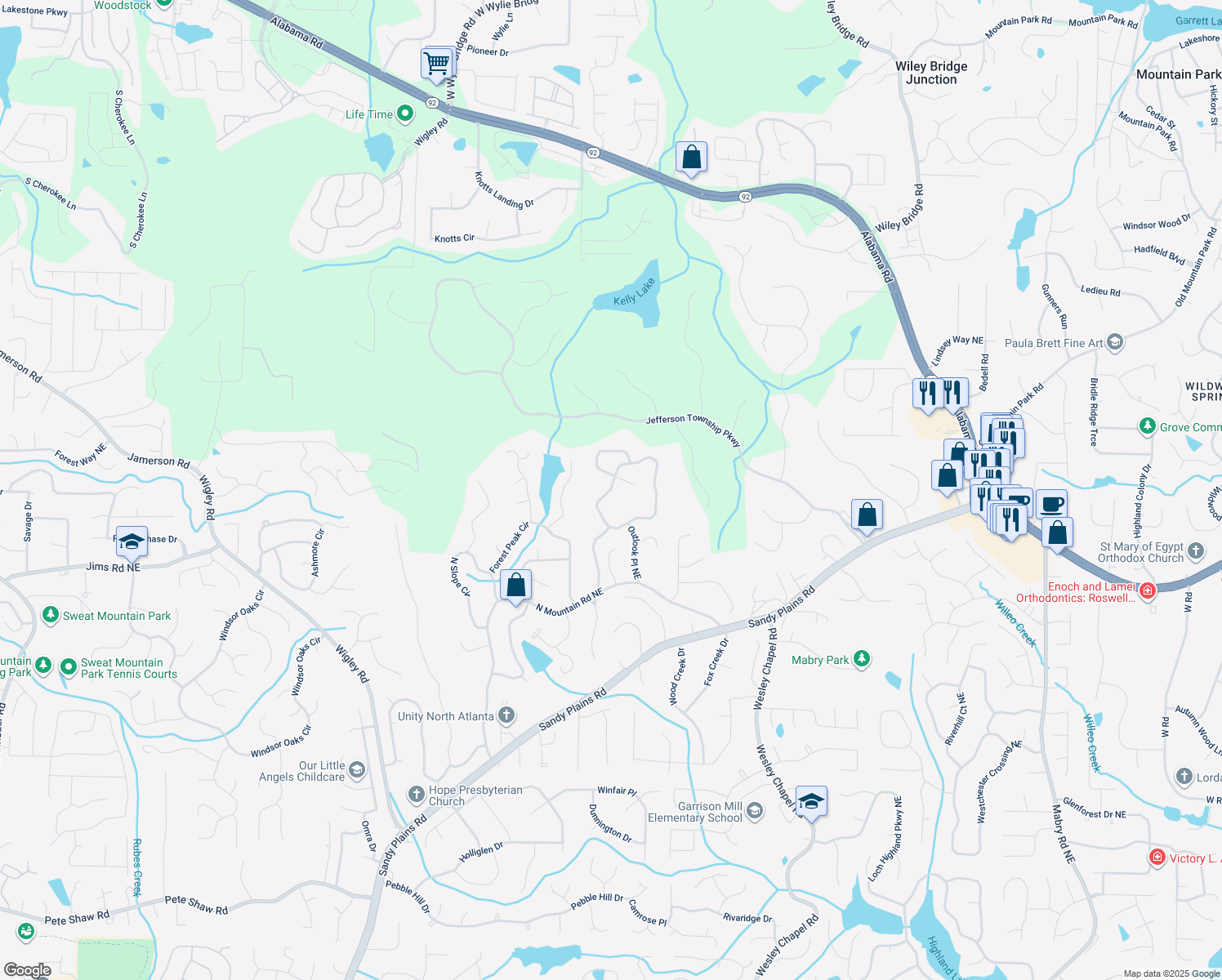 map of restaurants, bars, coffee shops, grocery stores, and more near 4759 Outlook Way Northeast in Marietta
