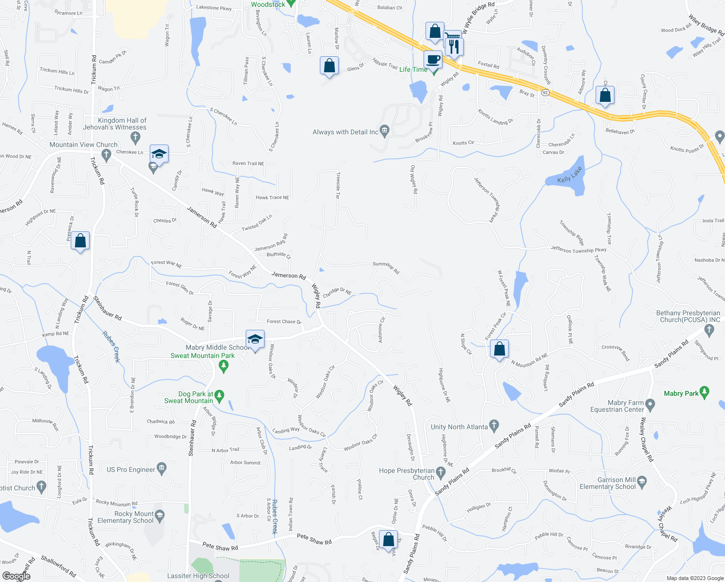 map of restaurants, bars, coffee shops, grocery stores, and more near 3526 Claridge Drive Northeast in Marietta