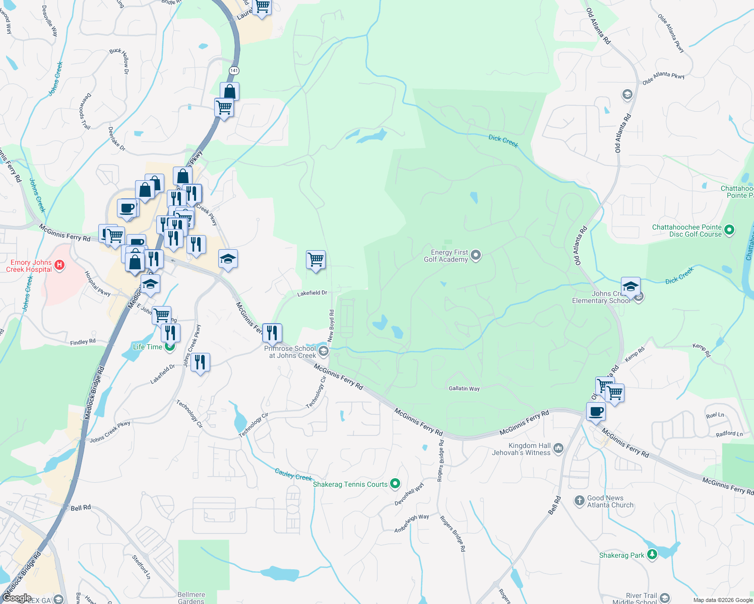 map of restaurants, bars, coffee shops, grocery stores, and more near 7745 Wentworth Drive in Duluth