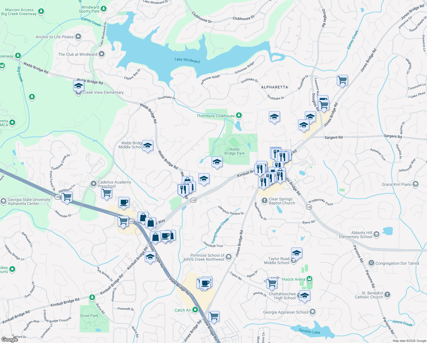 map of restaurants, bars, coffee shops, grocery stores, and more near 4778 Lakeway Pl in Alpharetta