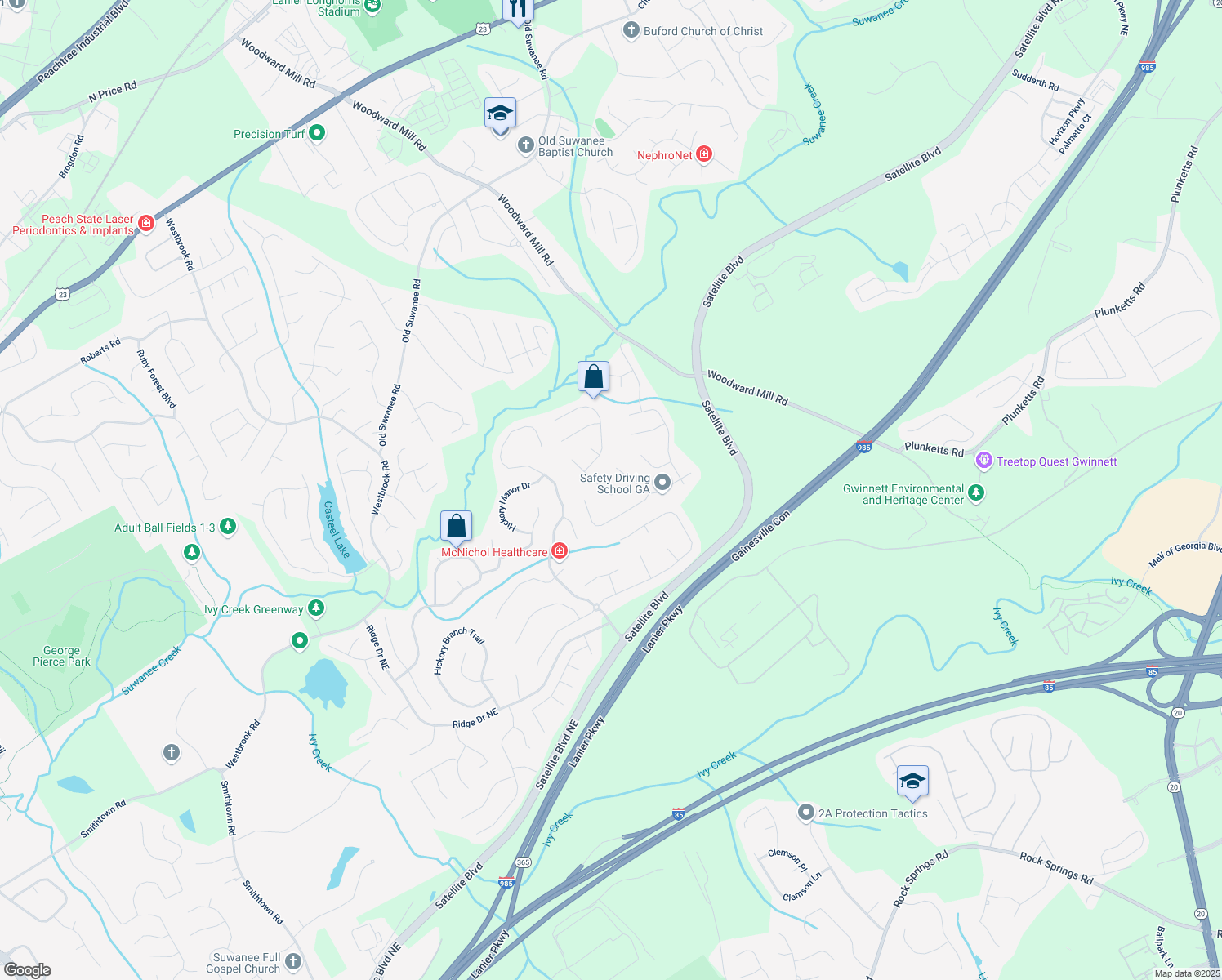 map of restaurants, bars, coffee shops, grocery stores, and more near 838 Roxholly Lane Northeast in Buford