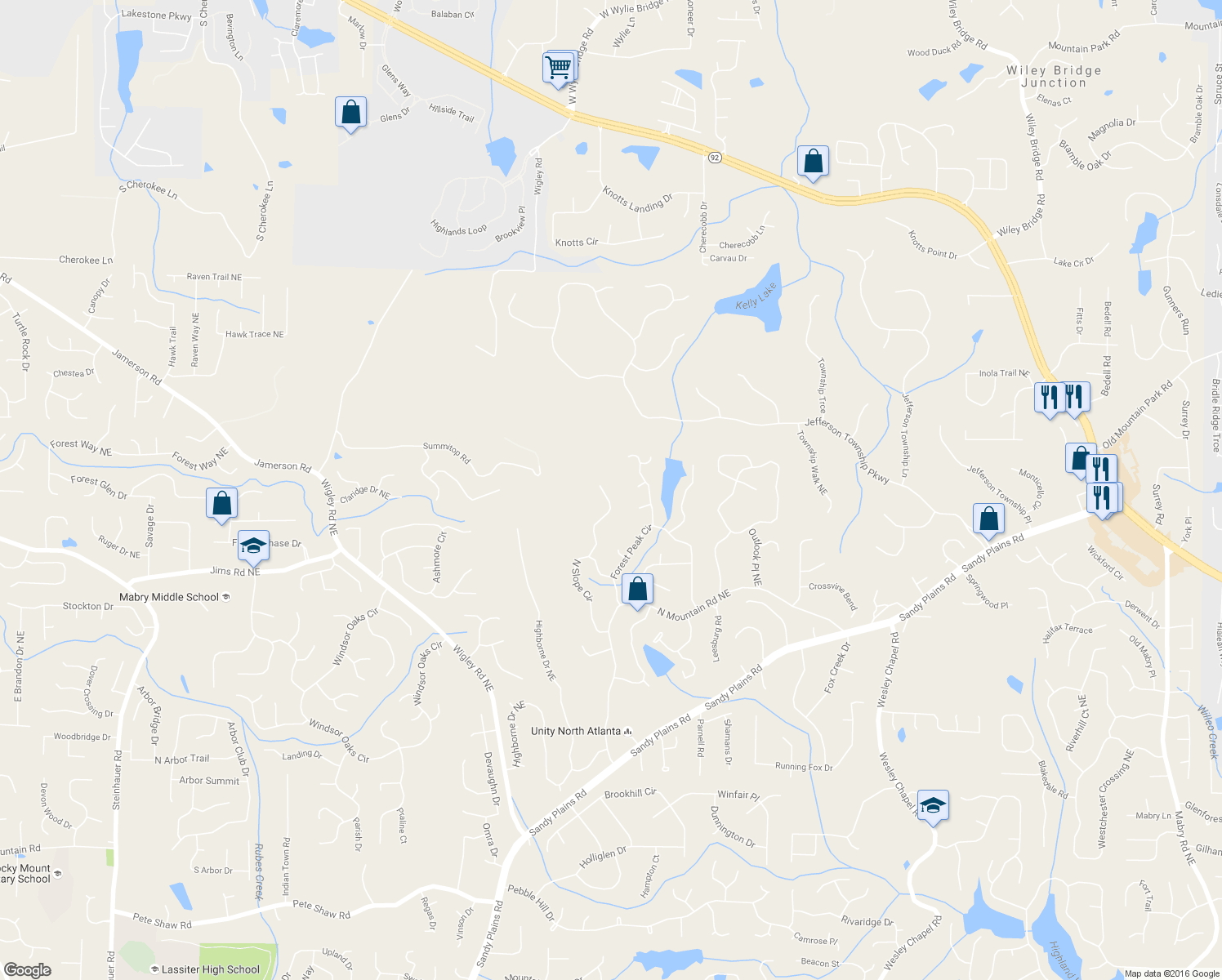 map of restaurants, bars, coffee shops, grocery stores, and more near 4550 High Rock Terrace in Marietta