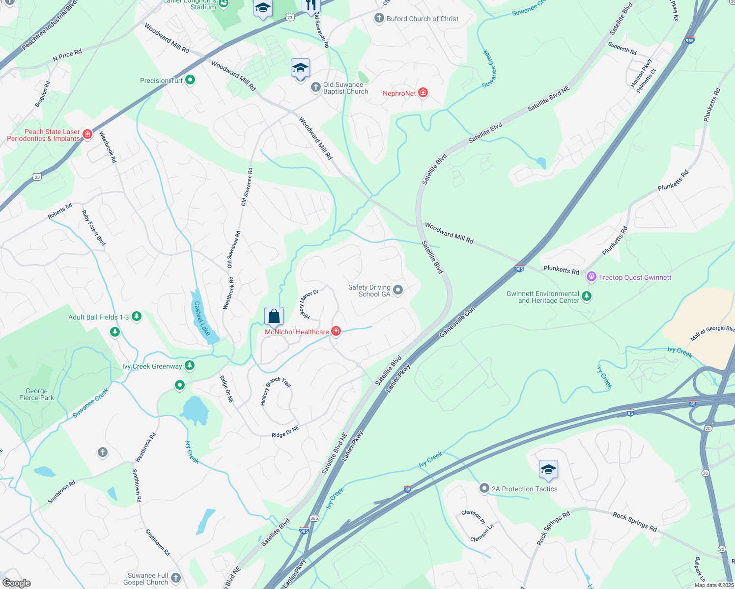 map of restaurants, bars, coffee shops, grocery stores, and more near 838 Roxholly Lane Northeast in Buford