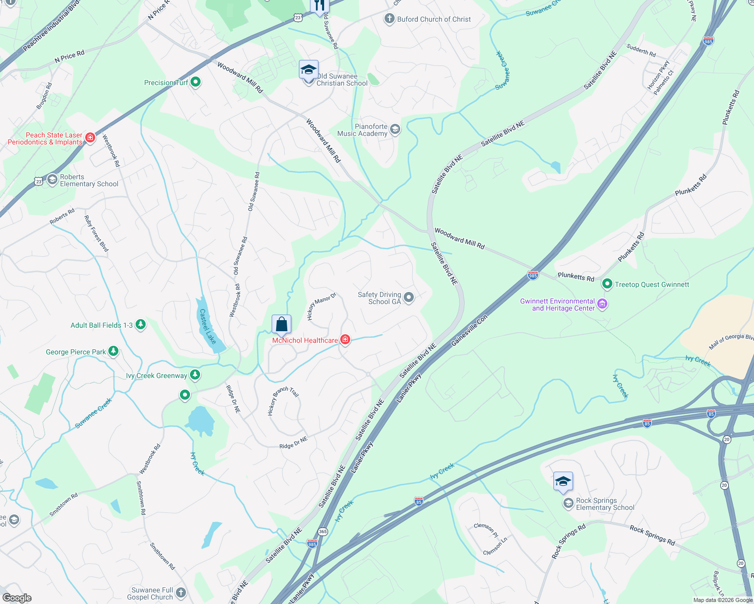 map of restaurants, bars, coffee shops, grocery stores, and more near 808 Roxholly Lane Northeast in Buford