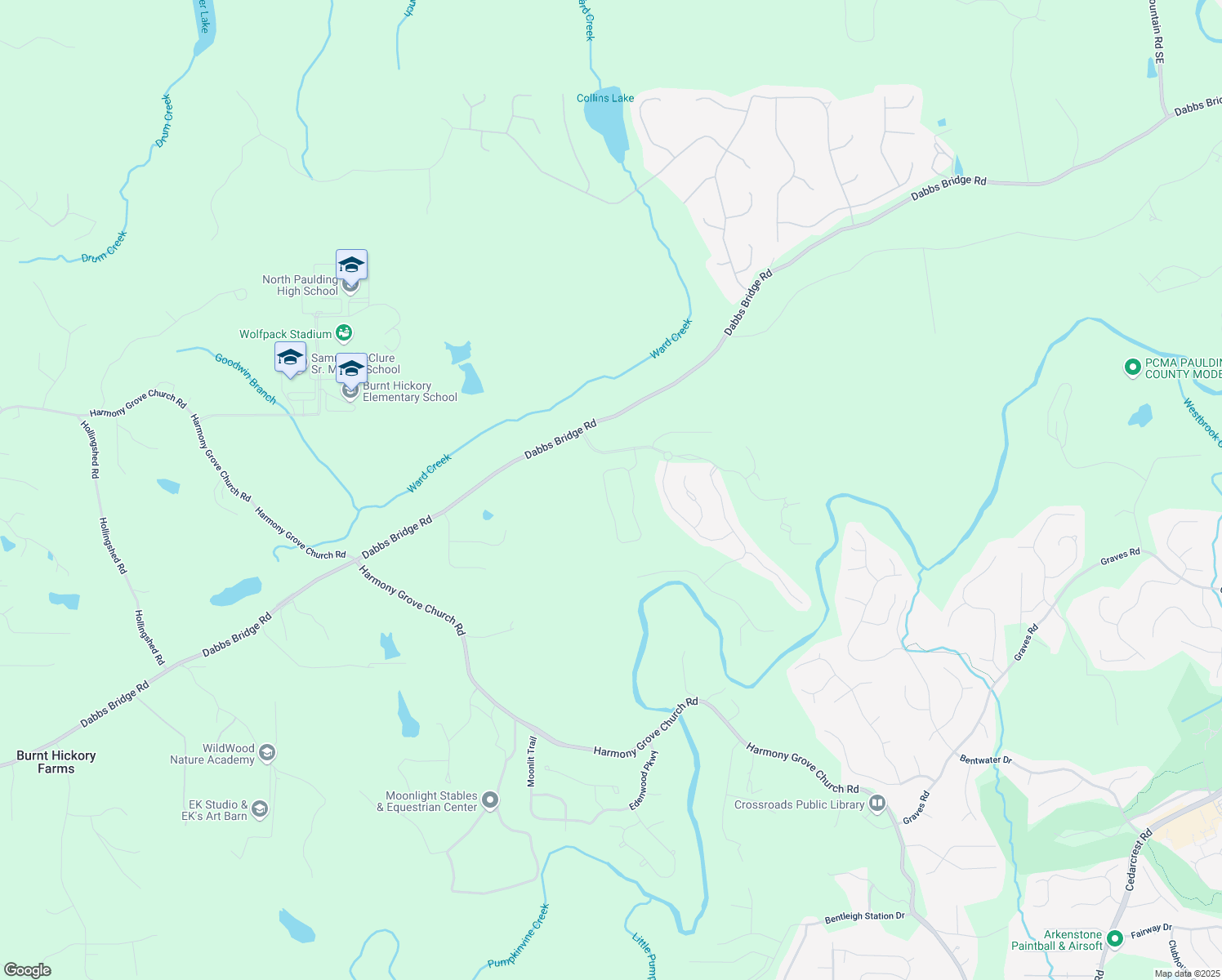 map of restaurants, bars, coffee shops, grocery stores, and more near Majestic Oak Circle in Paulding County
