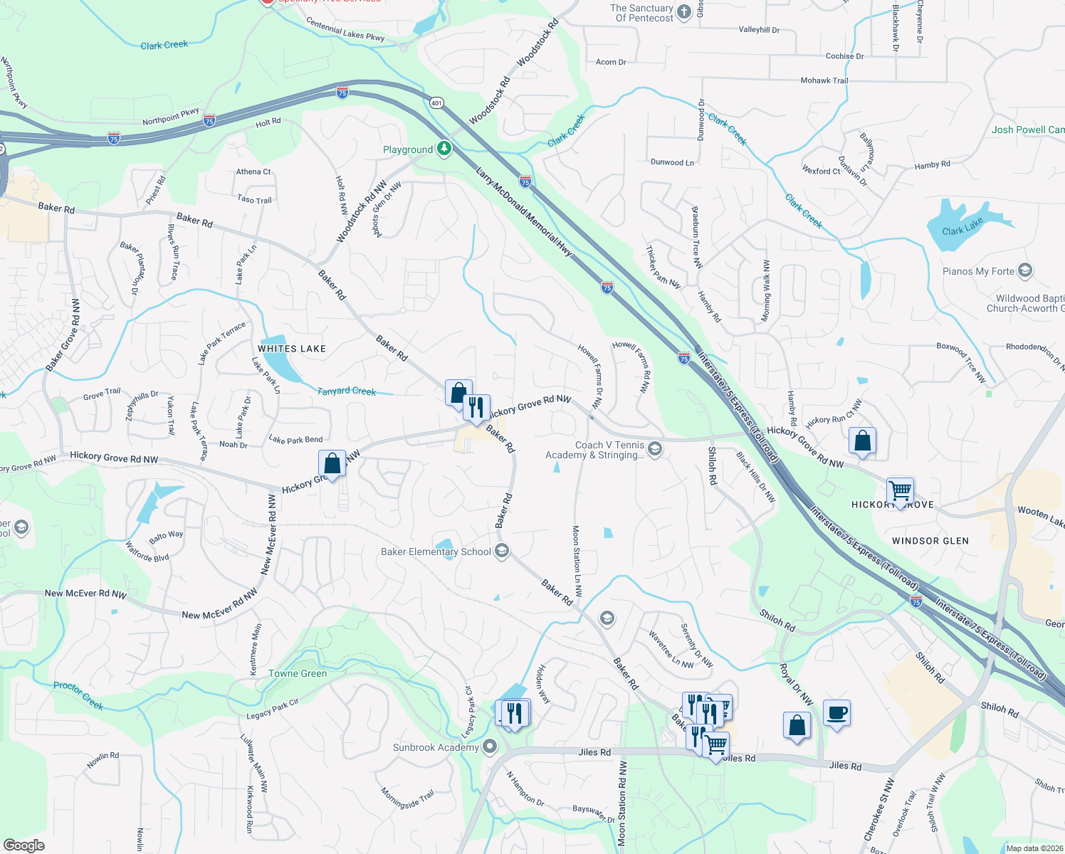 map of restaurants, bars, coffee shops, grocery stores, and more near 2496 Insdale Trce Northwest in Acworth