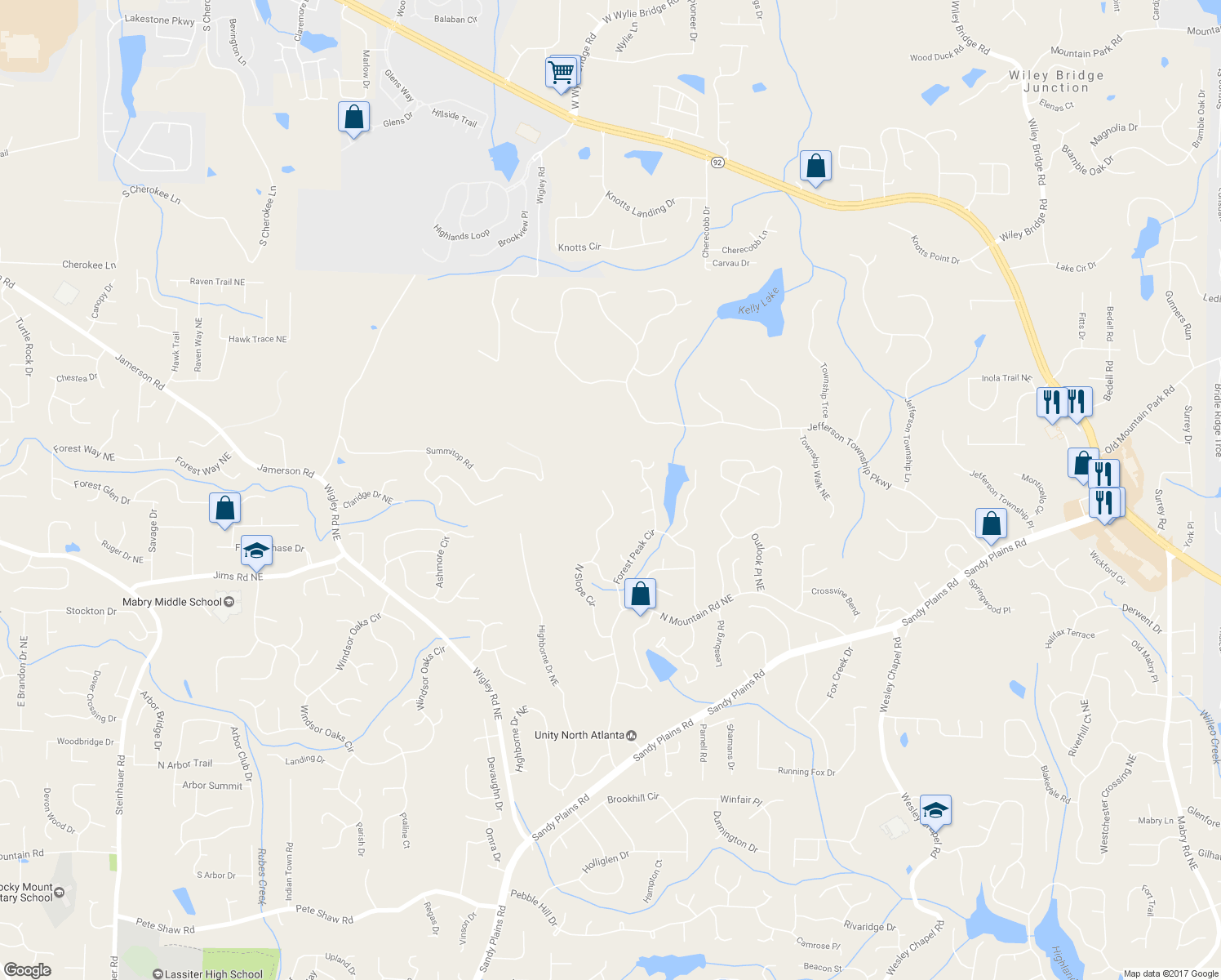 map of restaurants, bars, coffee shops, grocery stores, and more near 4550 High Rock Terrace in Marietta