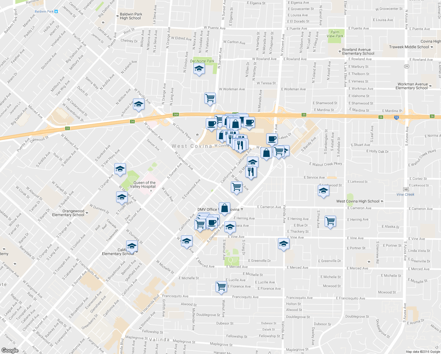 map of restaurants, bars, coffee shops, grocery stores, and more near 728 South Greenberry Drive in West Covina
