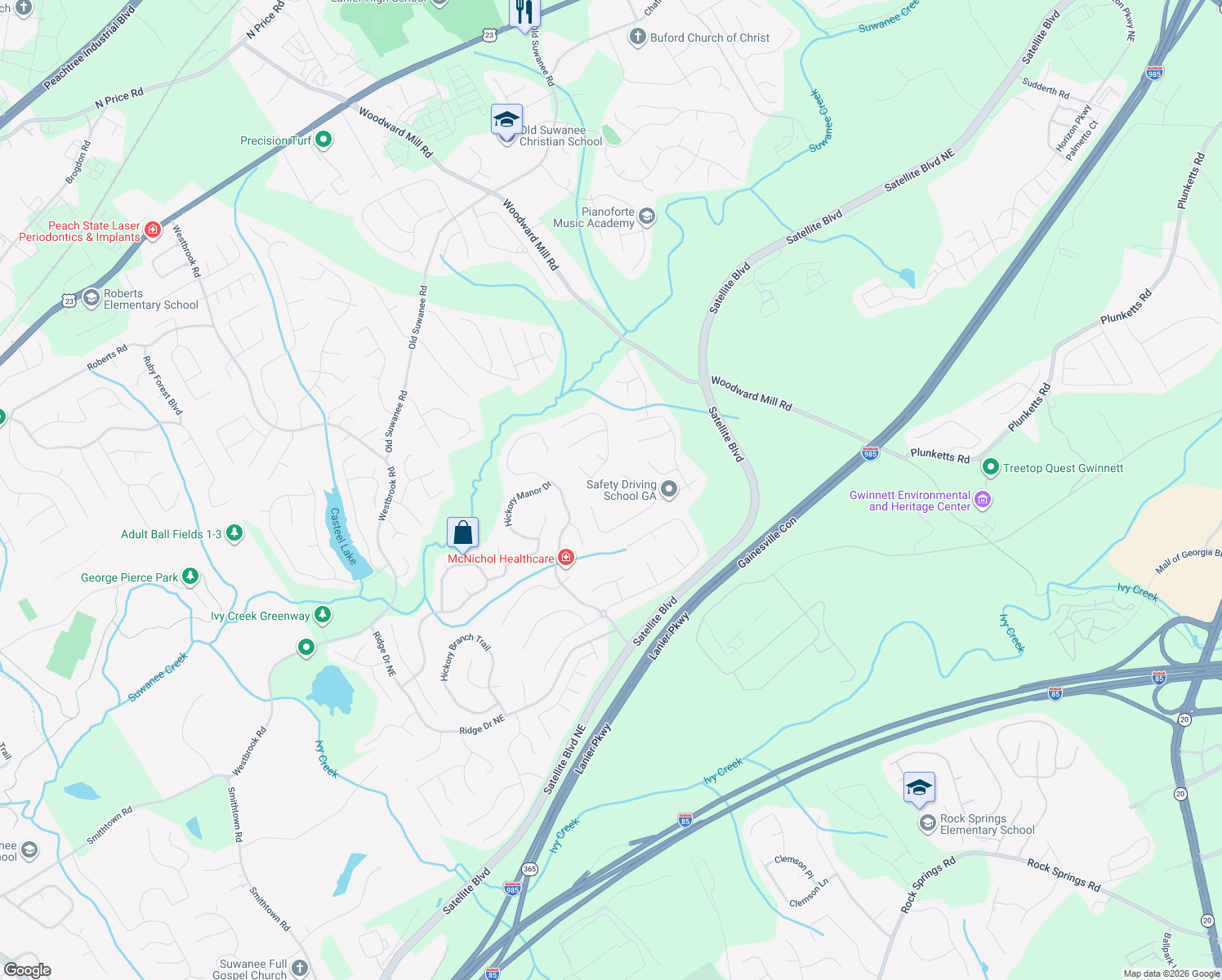 map of restaurants, bars, coffee shops, grocery stores, and more near 808 Roxholly Lane Northeast in Buford