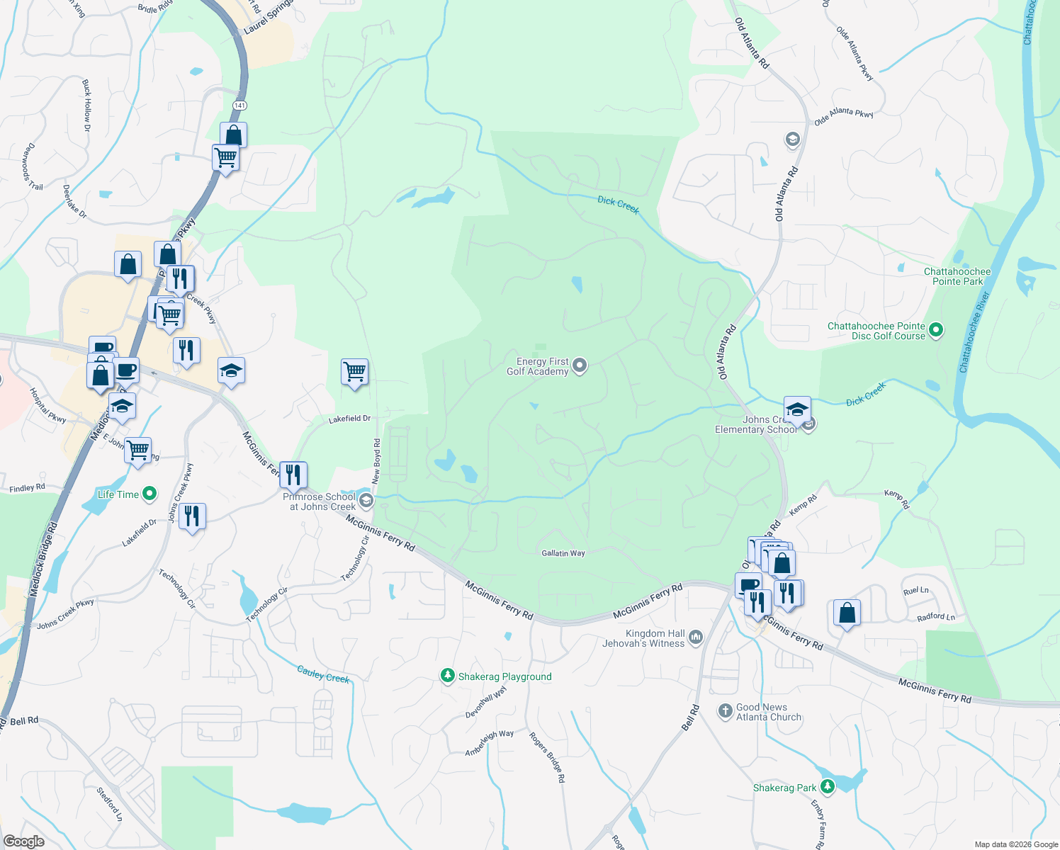 map of restaurants, bars, coffee shops, grocery stores, and more near 8370 Royal Melbourne Way in Duluth