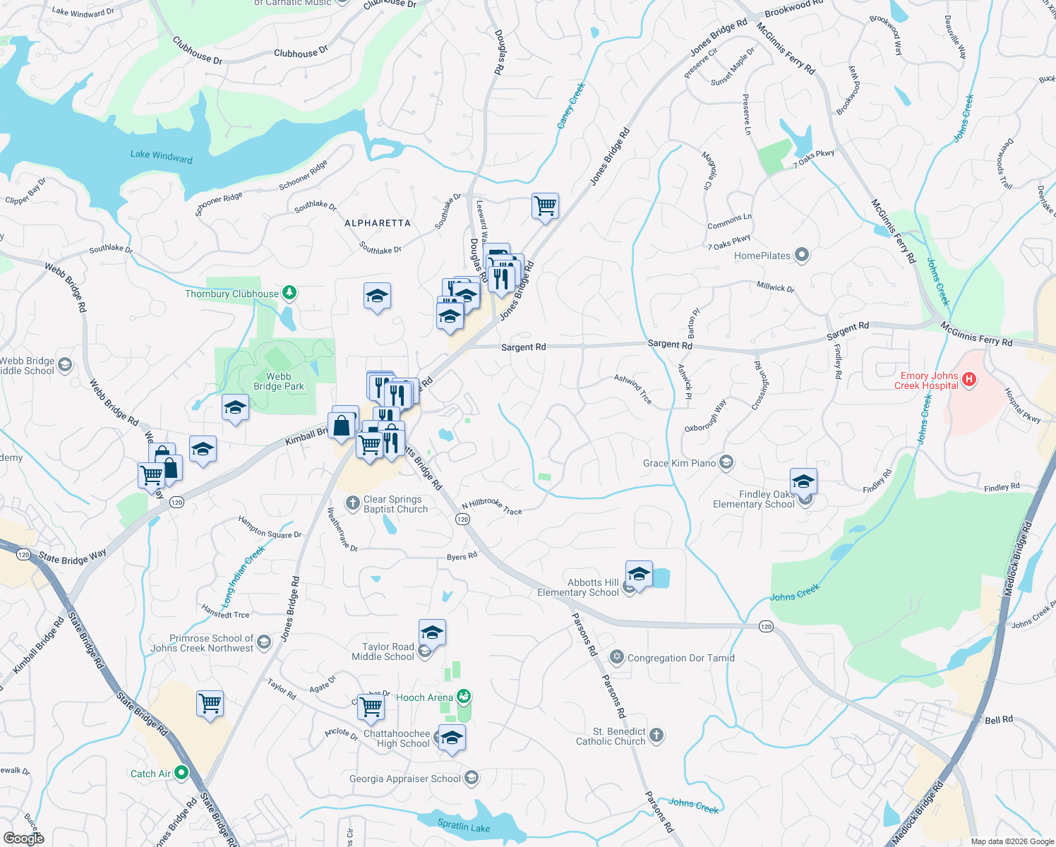 map of restaurants, bars, coffee shops, grocery stores, and more near 11675 Red Maple Forest Dr in Alpharetta