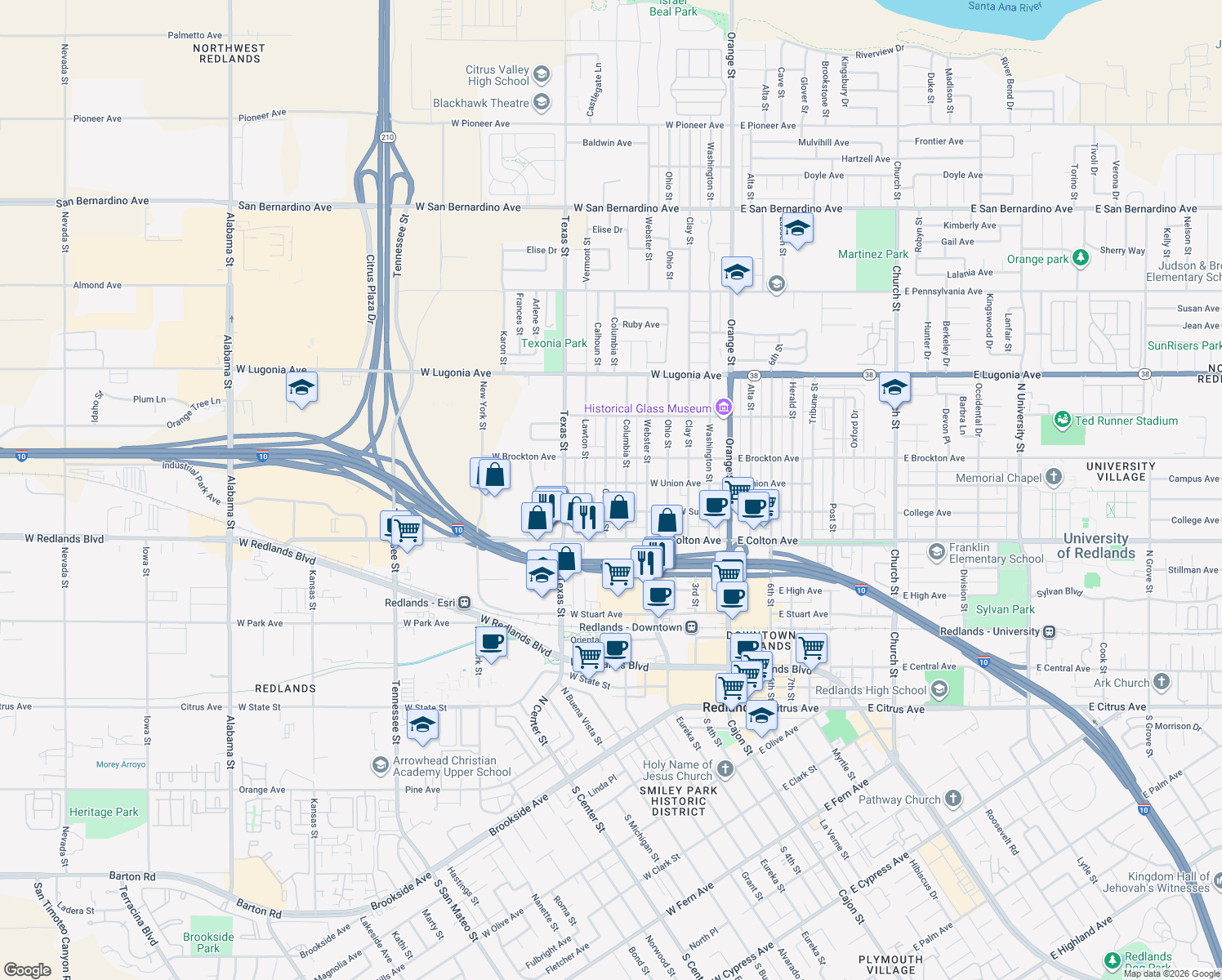 map of restaurants, bars, coffee shops, grocery stores, and more near 934 Calhoun Street in Redlands