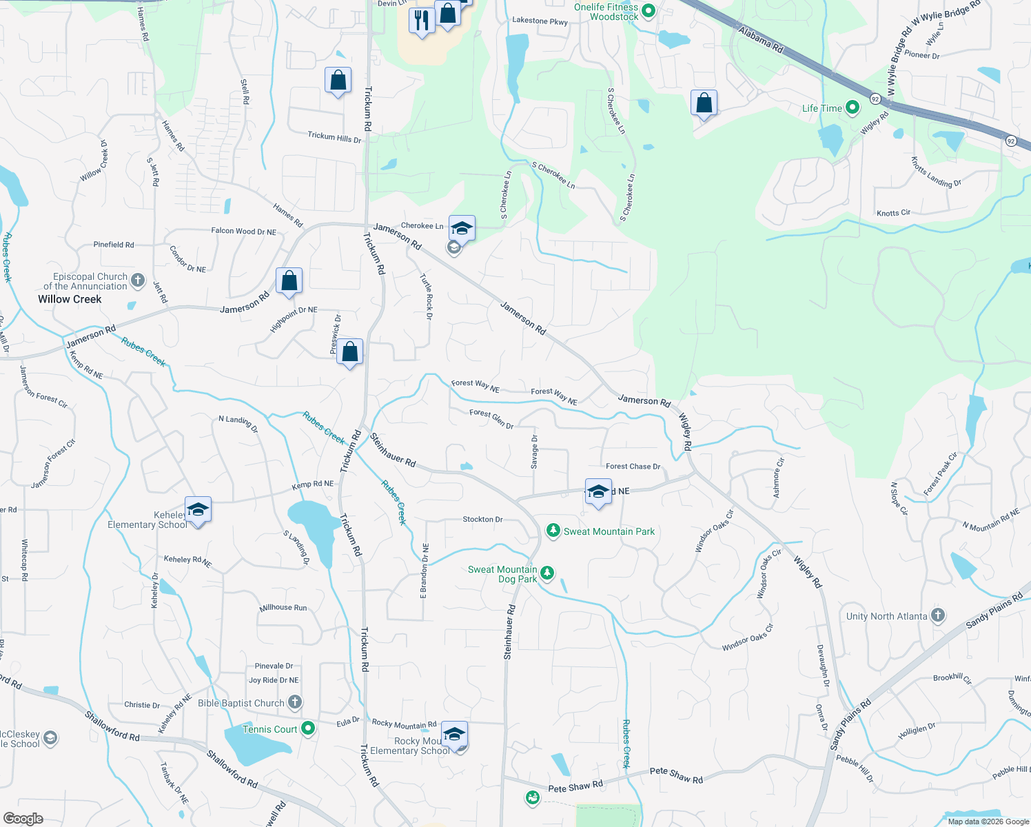 map of restaurants, bars, coffee shops, grocery stores, and more near 2994 Forest Chase Terrace NE in Marietta