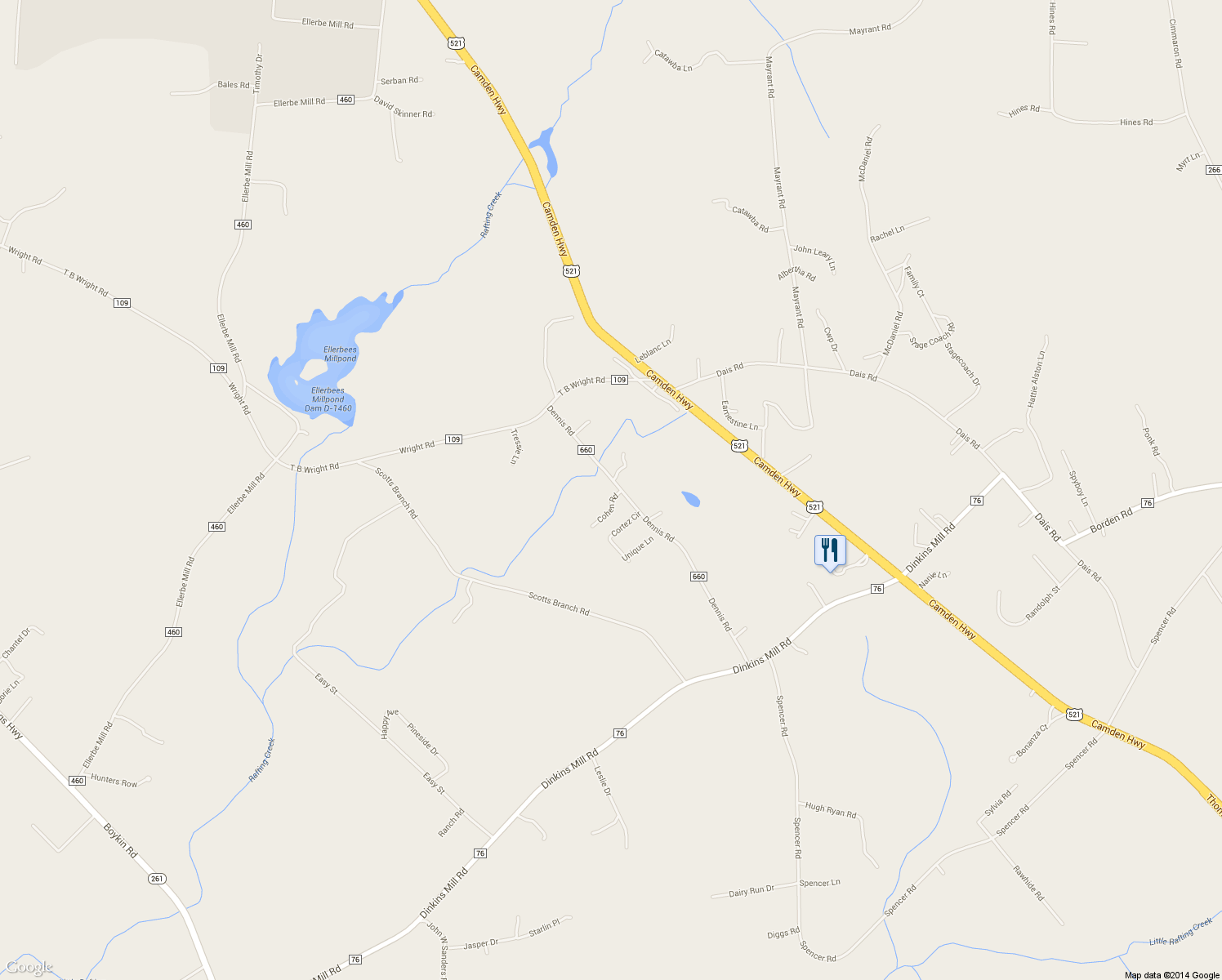 map of restaurants, bars, coffee shops, grocery stores, and more near 5040 Dennis Road in Rembert