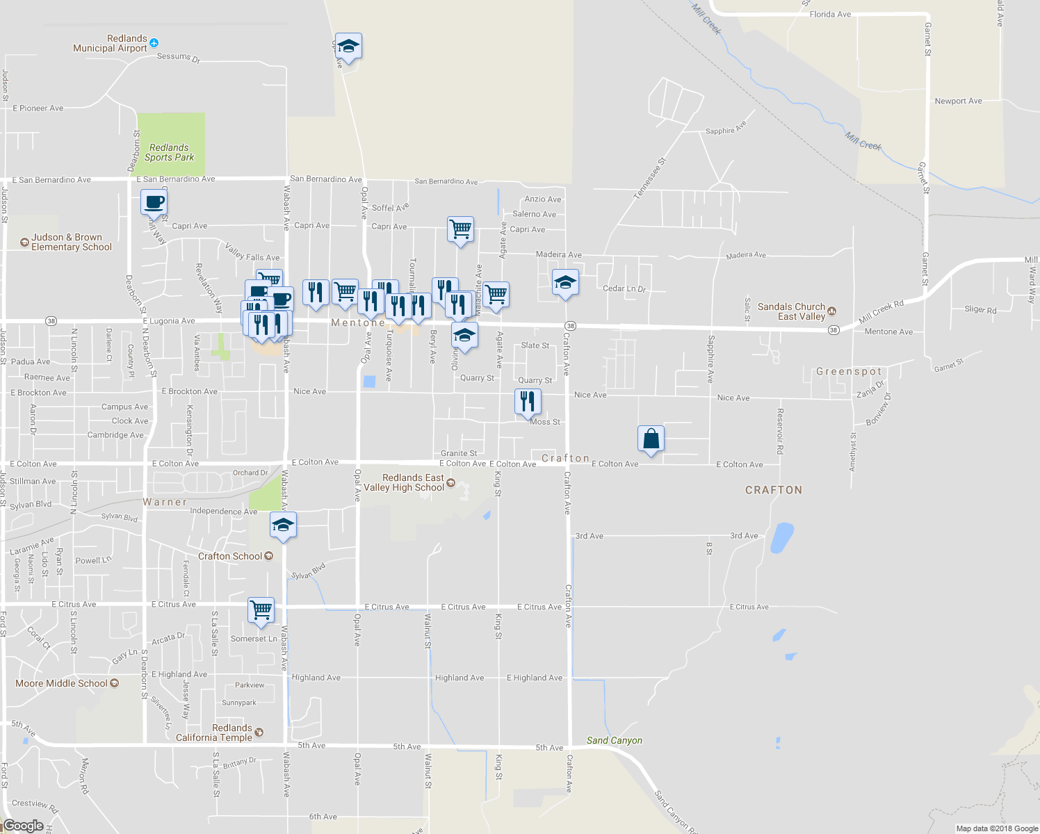 map of restaurants, bars, coffee shops, grocery stores, and more near 10459 Gold Banner Drive in Mentone