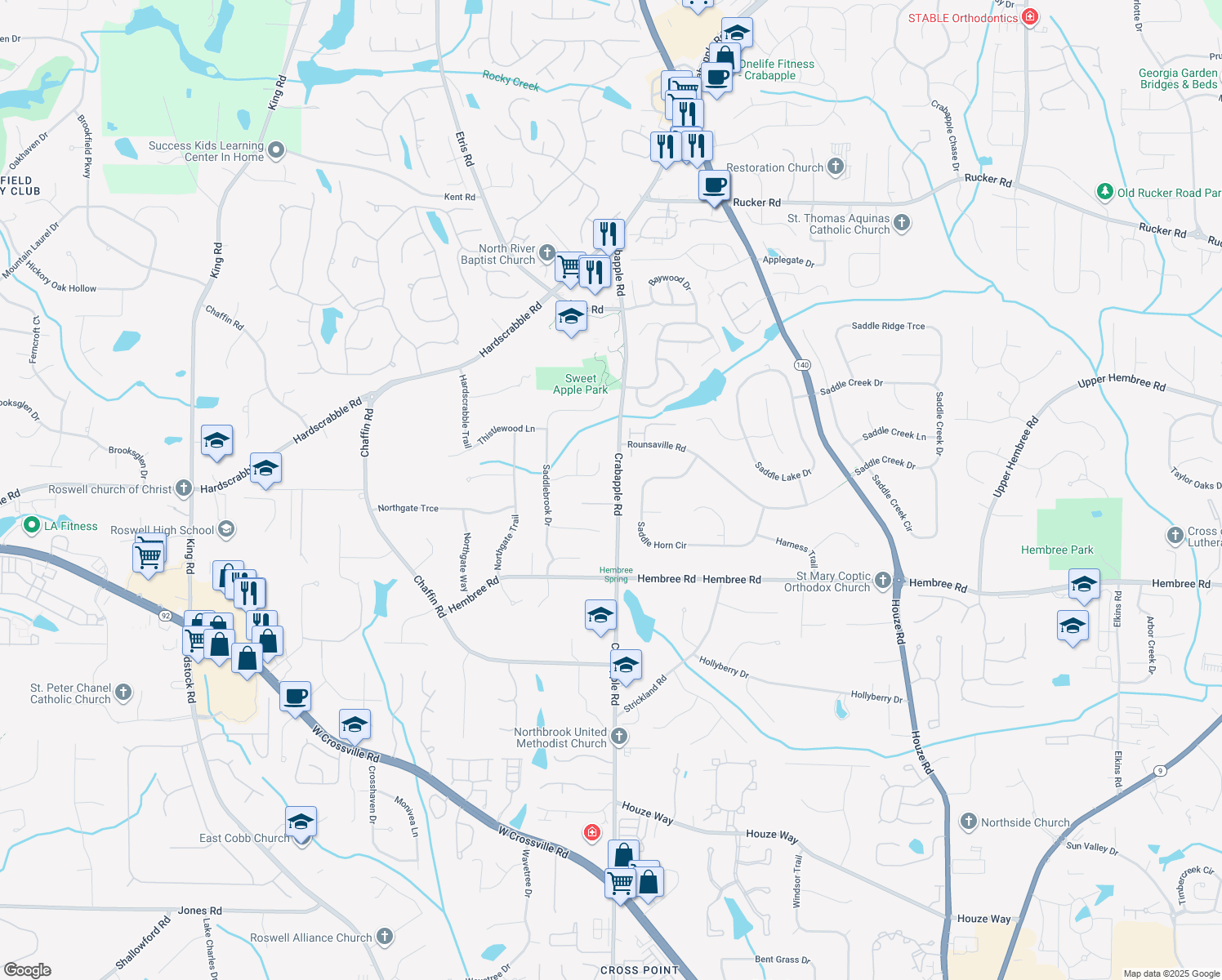 map of restaurants, bars, coffee shops, grocery stores, and more near 11700 Crabapple Road in Roswell