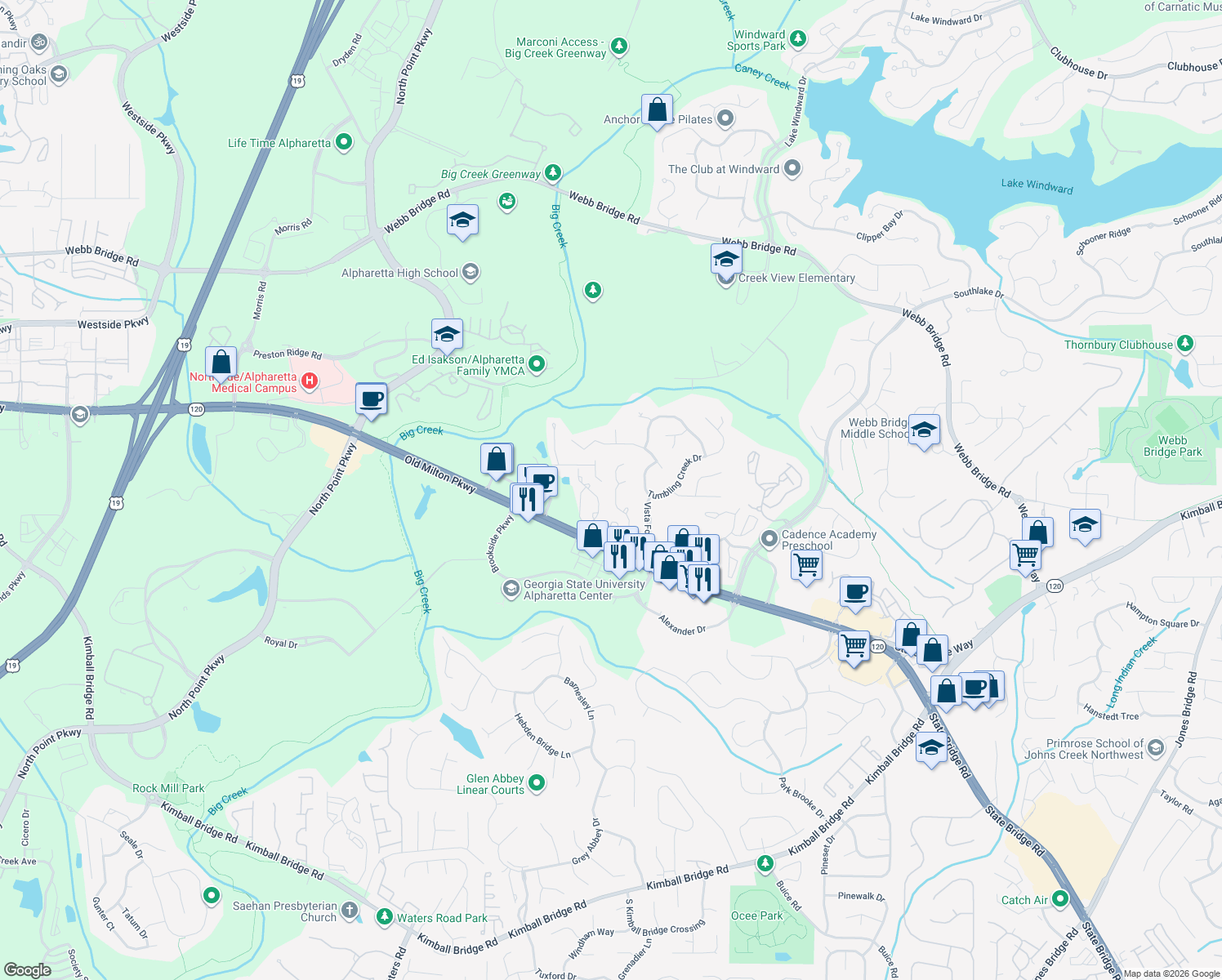 map of restaurants, bars, coffee shops, grocery stores, and more near 5654 Bridge Pointe Dr in Alpharetta