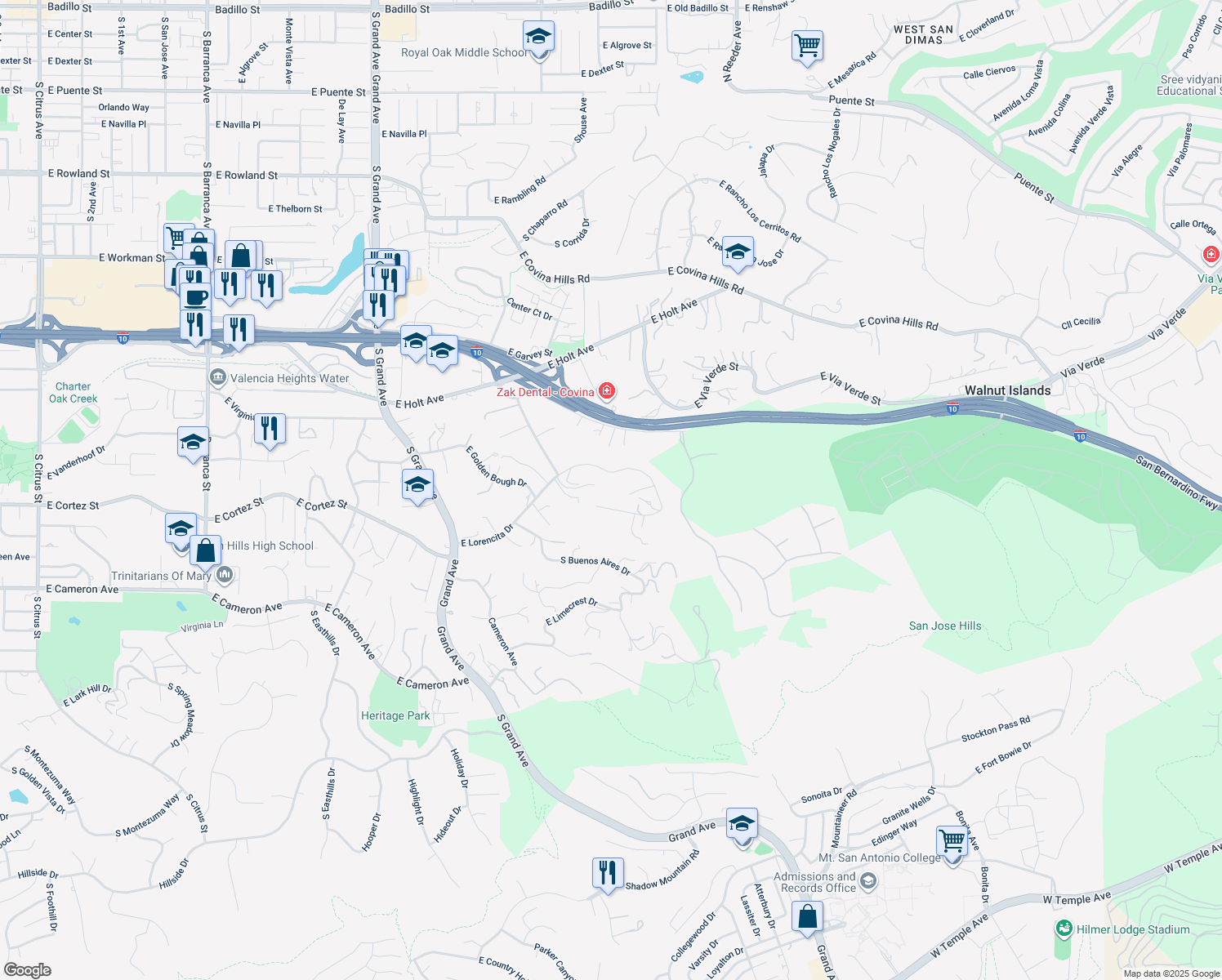 map of restaurants, bars, coffee shops, grocery stores, and more near 20050 East Lorencita Drive in Covina
