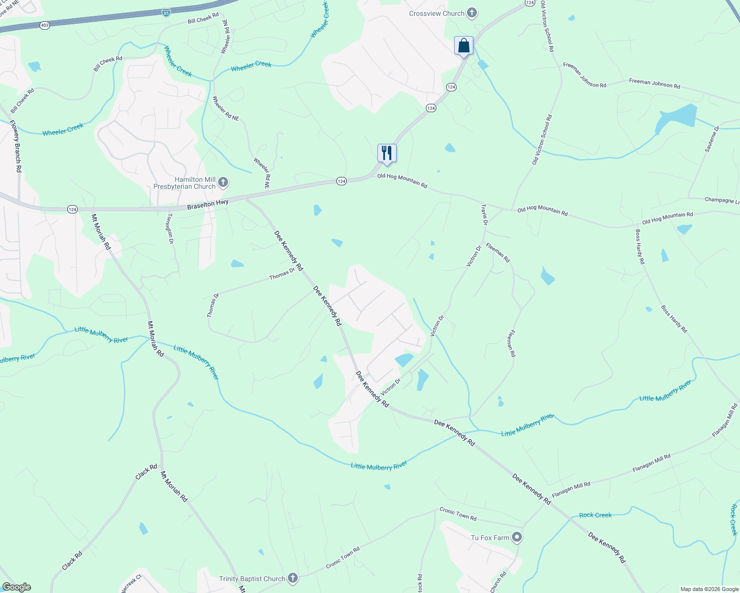 map of restaurants, bars, coffee shops, grocery stores, and more near 1014 Andover Drive in Hoschton