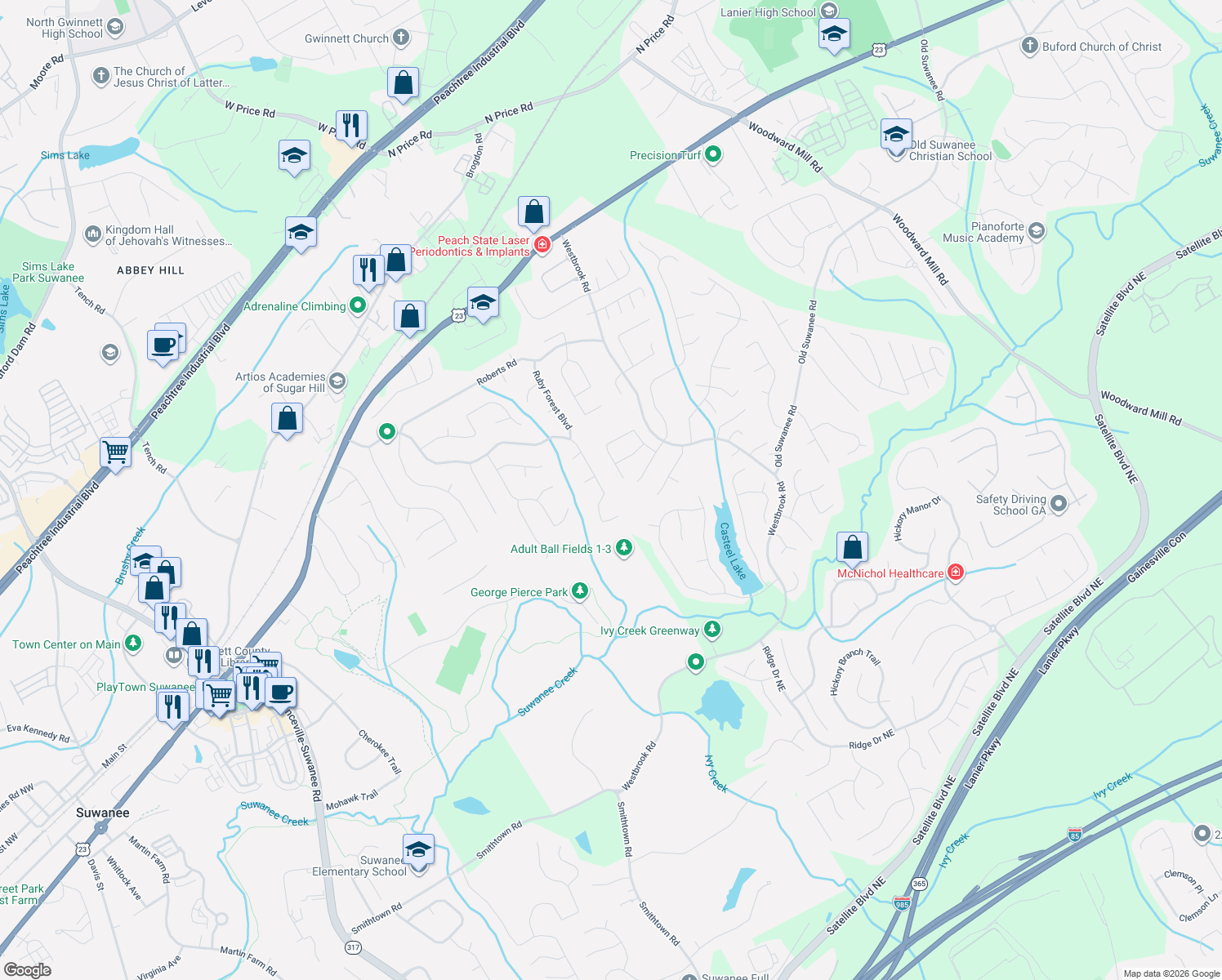 map of restaurants, bars, coffee shops, grocery stores, and more near 490 Ruby Forest Parkway in Suwanee