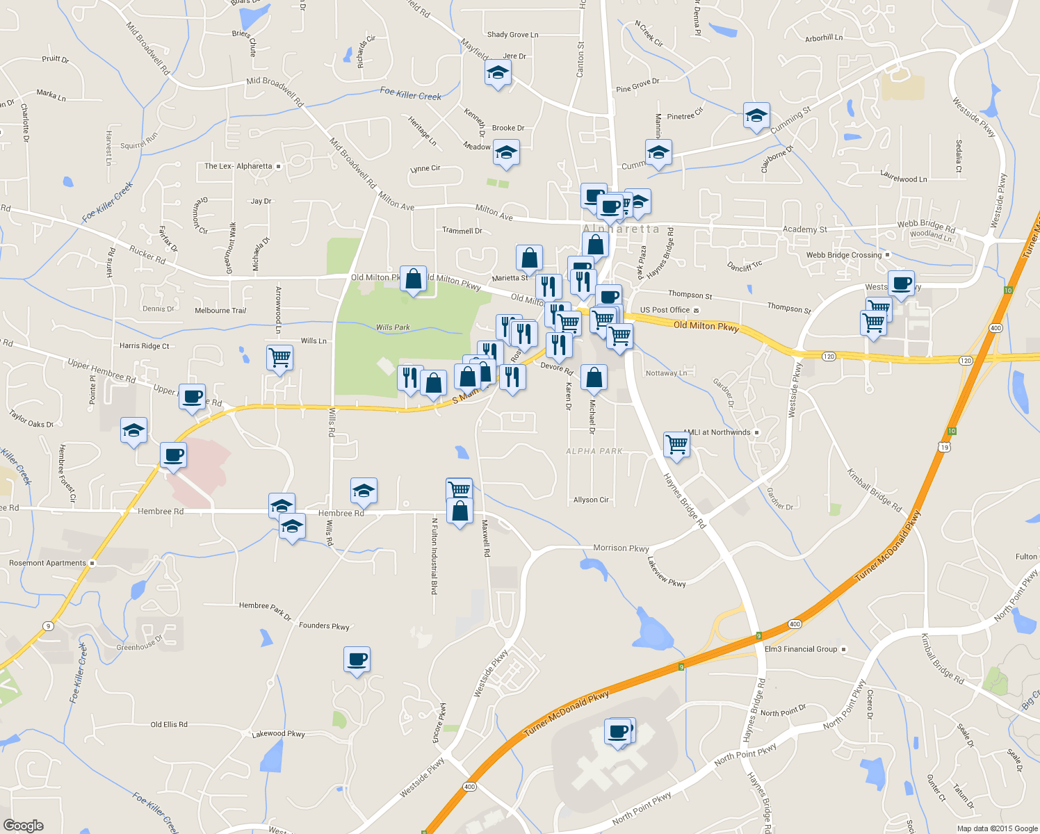 map of restaurants, bars, coffee shops, grocery stores, and more near 2220 Kilmington Square in Alpharetta