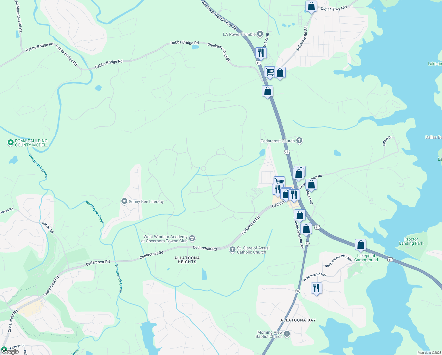 map of restaurants, bars, coffee shops, grocery stores, and more near 6202 Talmadge Way in Acworth